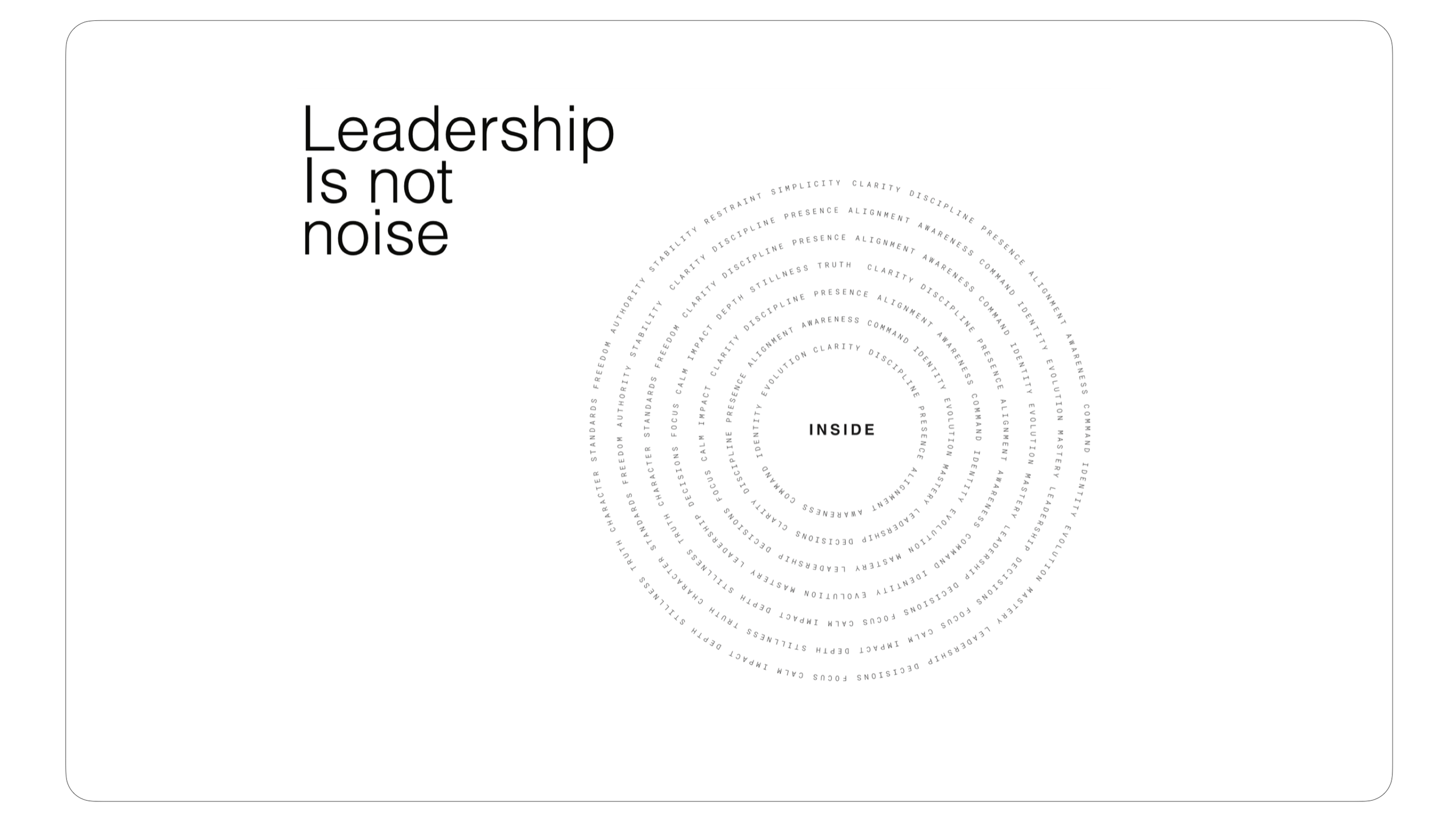 Text on a white background that reads 'Leadership Is not noise' in large font, with a circular arrangement of smaller words around the word 'INSIDE'. The smaller words include 'authority', 'stability', 'clarity', 'discipline', 'presence', 'alignment', 'awareness', and others.