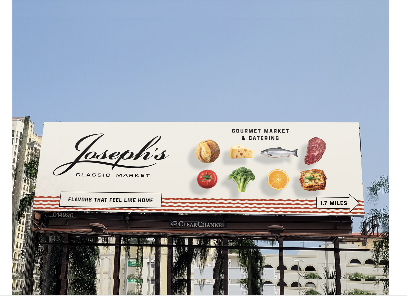 Billboard advertising Joseph's classic market, featuring images of bread, cheese, fish, beef, tomato, broccoli, orange, and lasagna, with the tagline 'Flavors that feel like home' and a direction arrow indicating 1.7 miles. Robert Ranfranz branding.