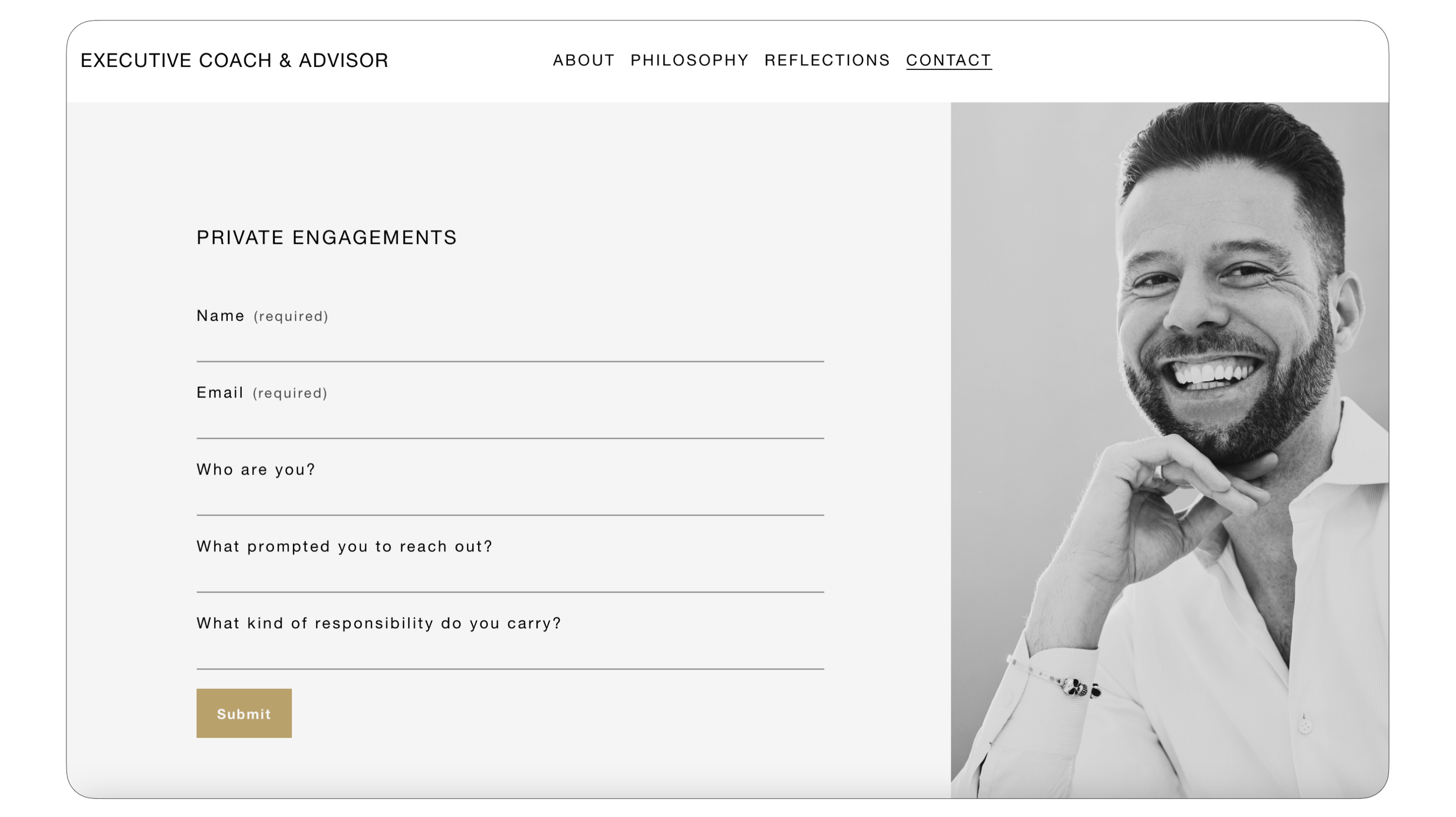A grayscale photograph of a smiling man with a beard and styled hair, resting his chin on his hand, positioned next to a website form titled 'Private Engagements' with questions for contact information and a submit button.
