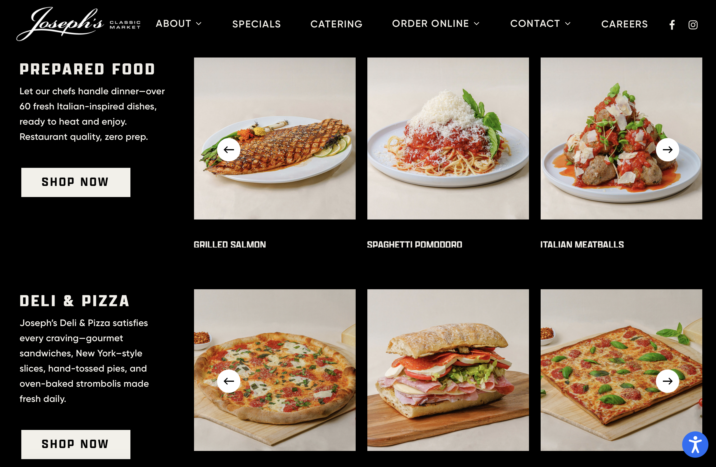 Webpage displaying Italian restaurant menu with photos of grilled salmon, spaghetti pomodoro, Italian meatballs, pizza, sandwich, and another pizza, along with text descriptions and "Shop Now" buttons.