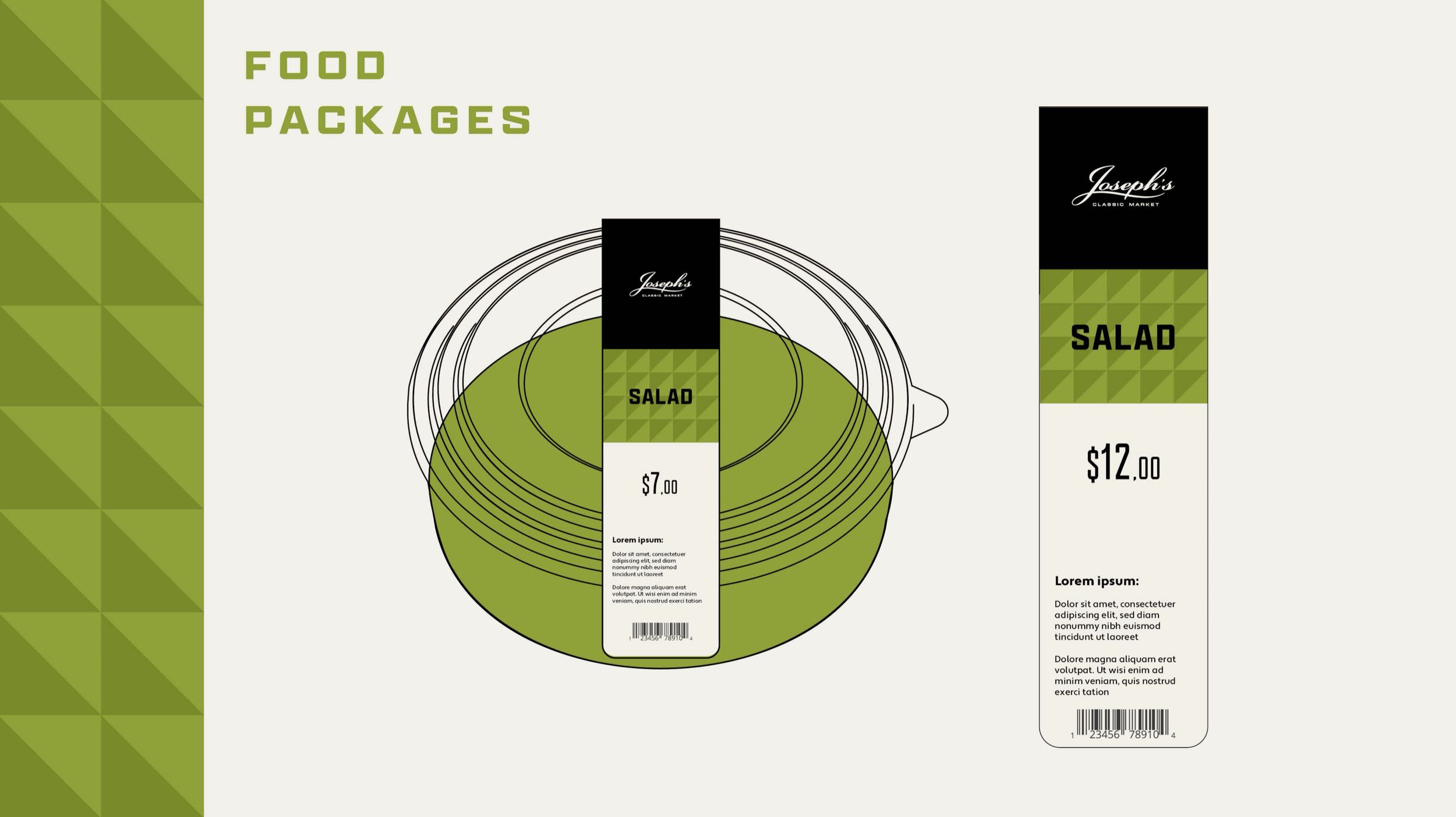 Food packaging design featuring a green and white color scheme, displaying the brand name 'Joseph's,' and indicating a salad package priced at $12.00, with a smaller salad option priced at $7.00. Robert Ranfranz creative studio.