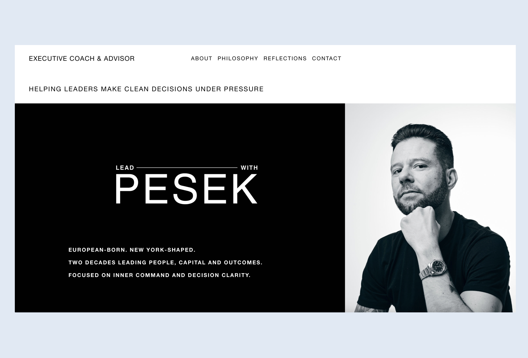 Website homepage featuring a professional man with a beard, wearing a watch and black t-shirt, looking confidently into the camera. Text highlights leadership qualities and philosophy. Robert Ranfranz branding, design and ecommerce.