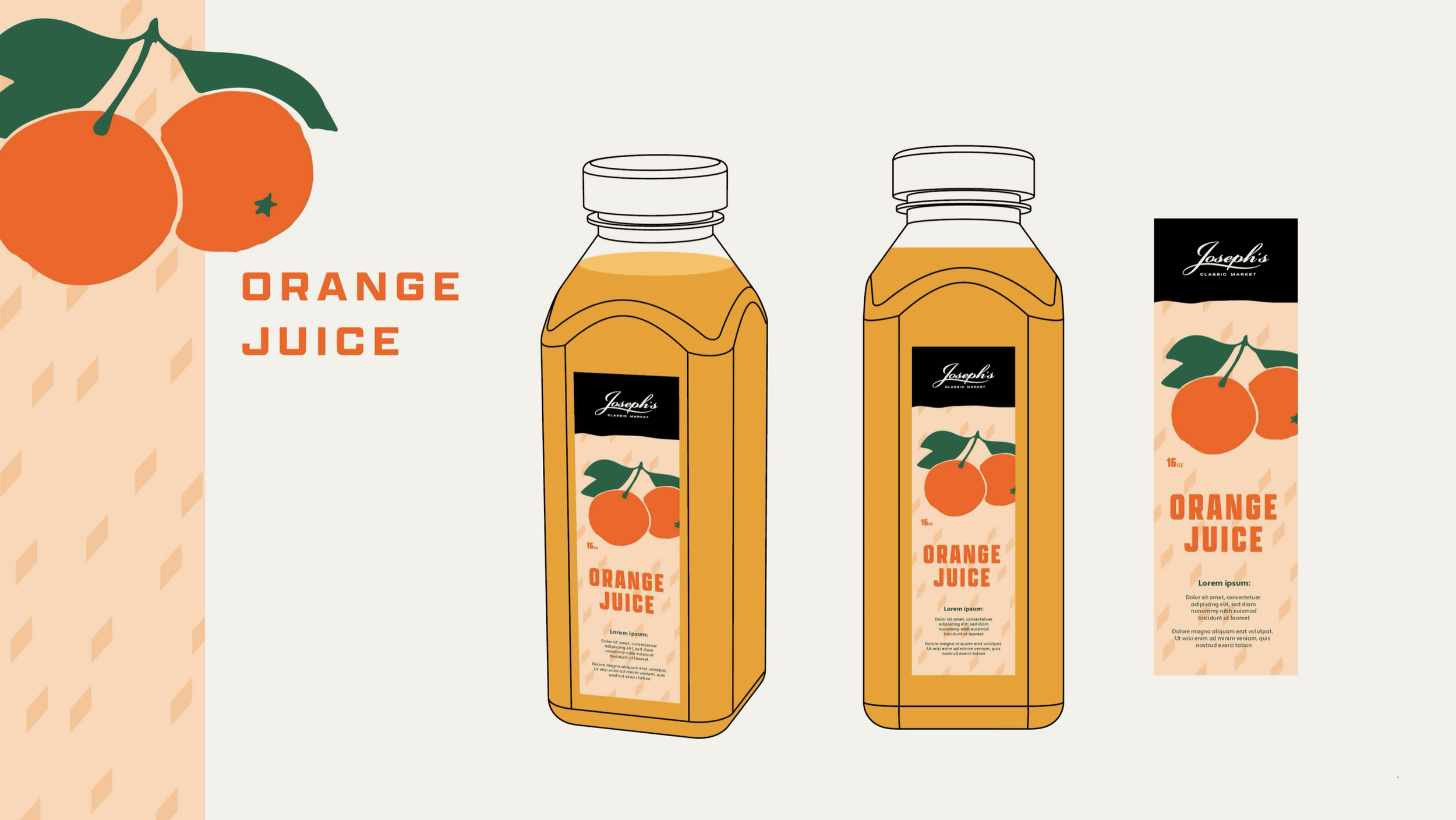 A digital illustration of orange juice bottles and cartons on a light background, with a left side featuring two oranges with green leaves and the text "ORANGE JUICE" written in orange. Robert Ranfranz creative studio.