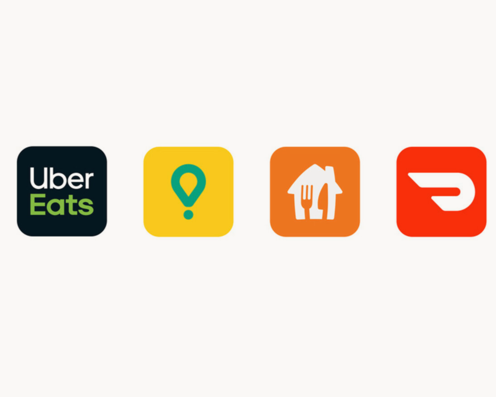 Icons of Uber Eats, a location pin, a house with utensils, and a delivery truck.