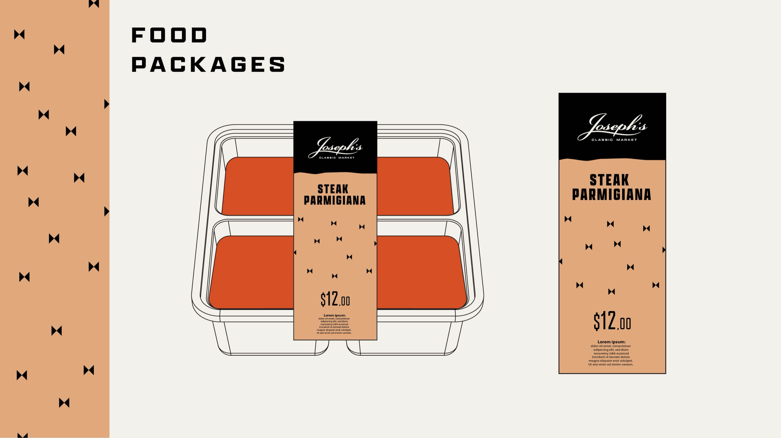 Illustration of food packages with steak parmigiana label, priced at $12.00, featuring black logo, black and peach color scheme, and black bowtie pattern on an orange background. Robert Ranfranz creative studio.
