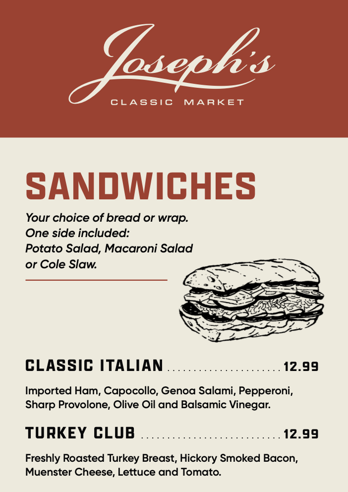 Menu for Joseph's Classic Market featuring sandwiches, including Classic Italian and Turkey Club, with descriptions of ingredients and prices.