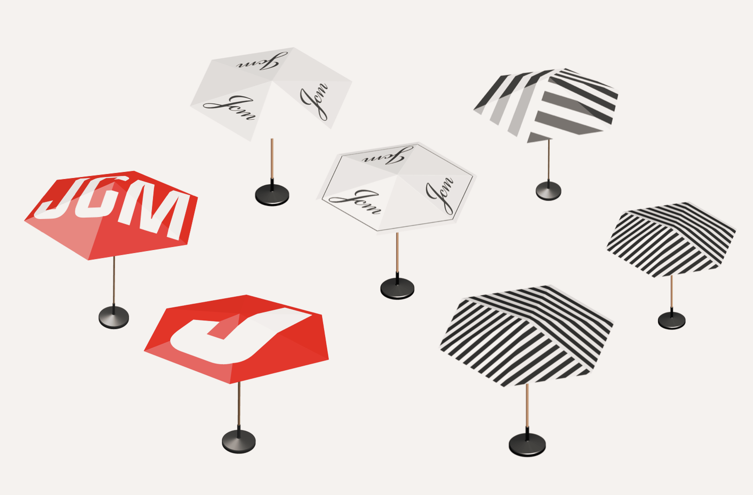 Six umbrellas with various patterns and colors, including red with 'W' and 'Q', white with black cursive text, and black and white striped patterns.