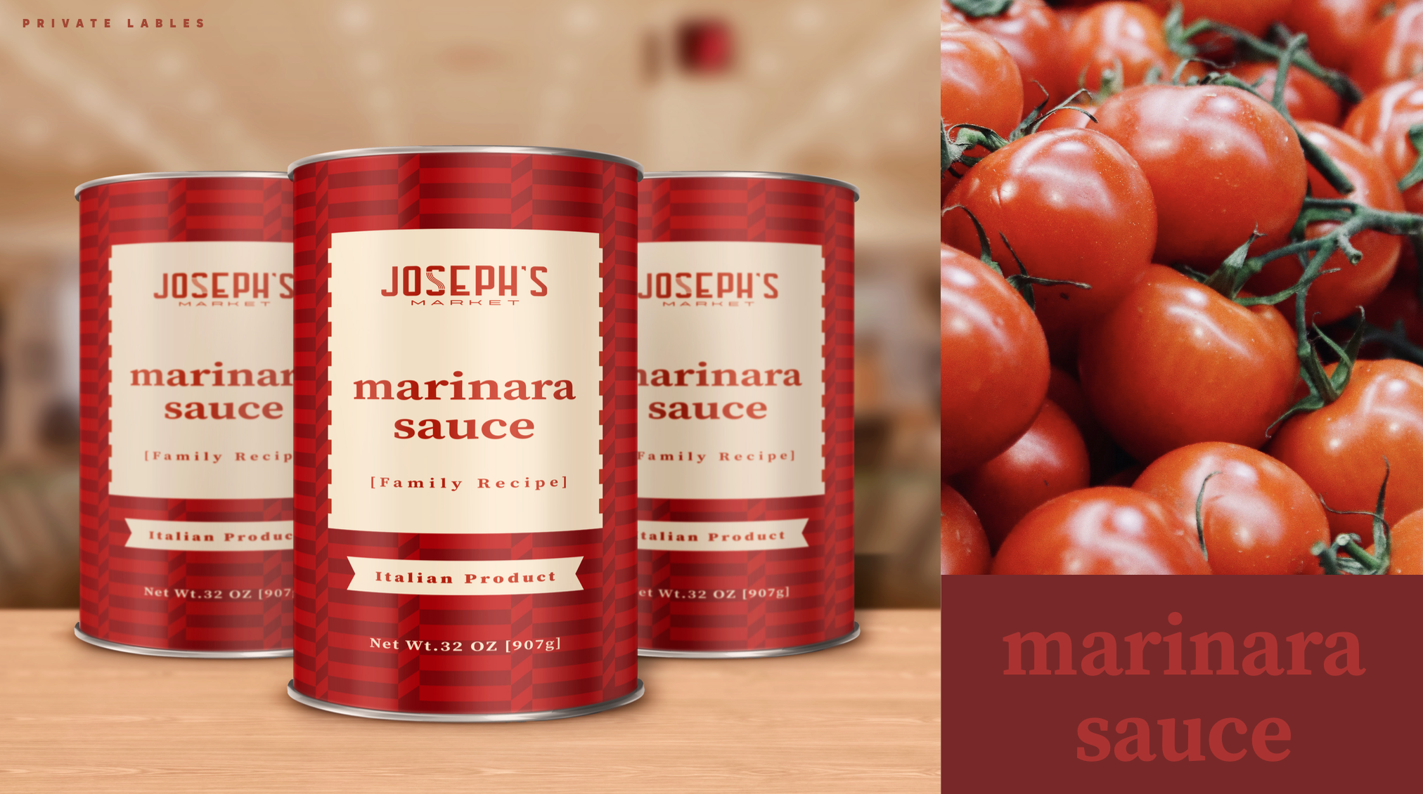 Cans of Joseph's Market marinara sauce with a label featuring red and cream checkered pattern, and a close-up of fresh red tomatoes on the vine.