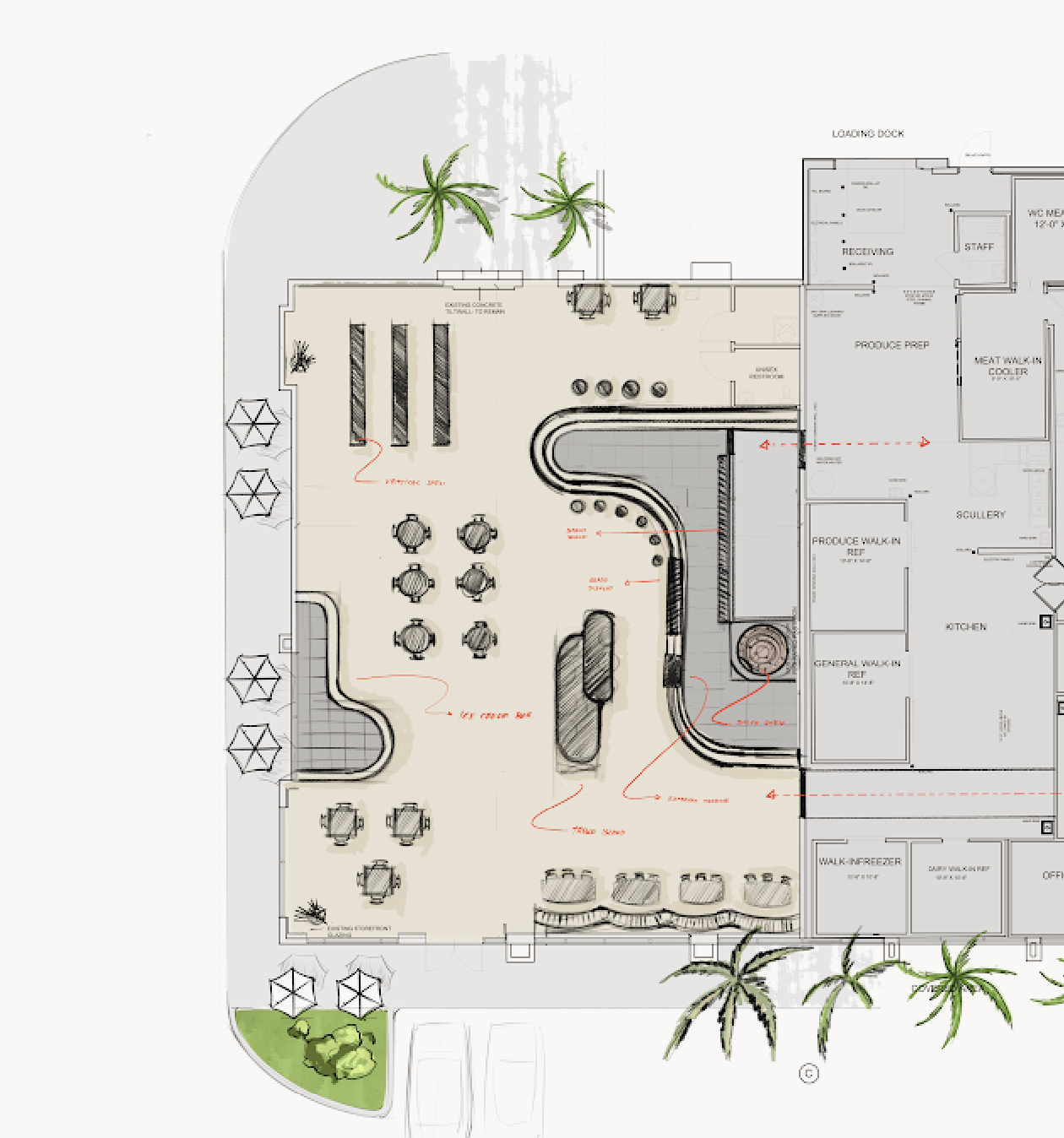 Floor plan of a restaurant with dining area, outdoor seating, kitchen, and storage, including labeled sections and furniture.