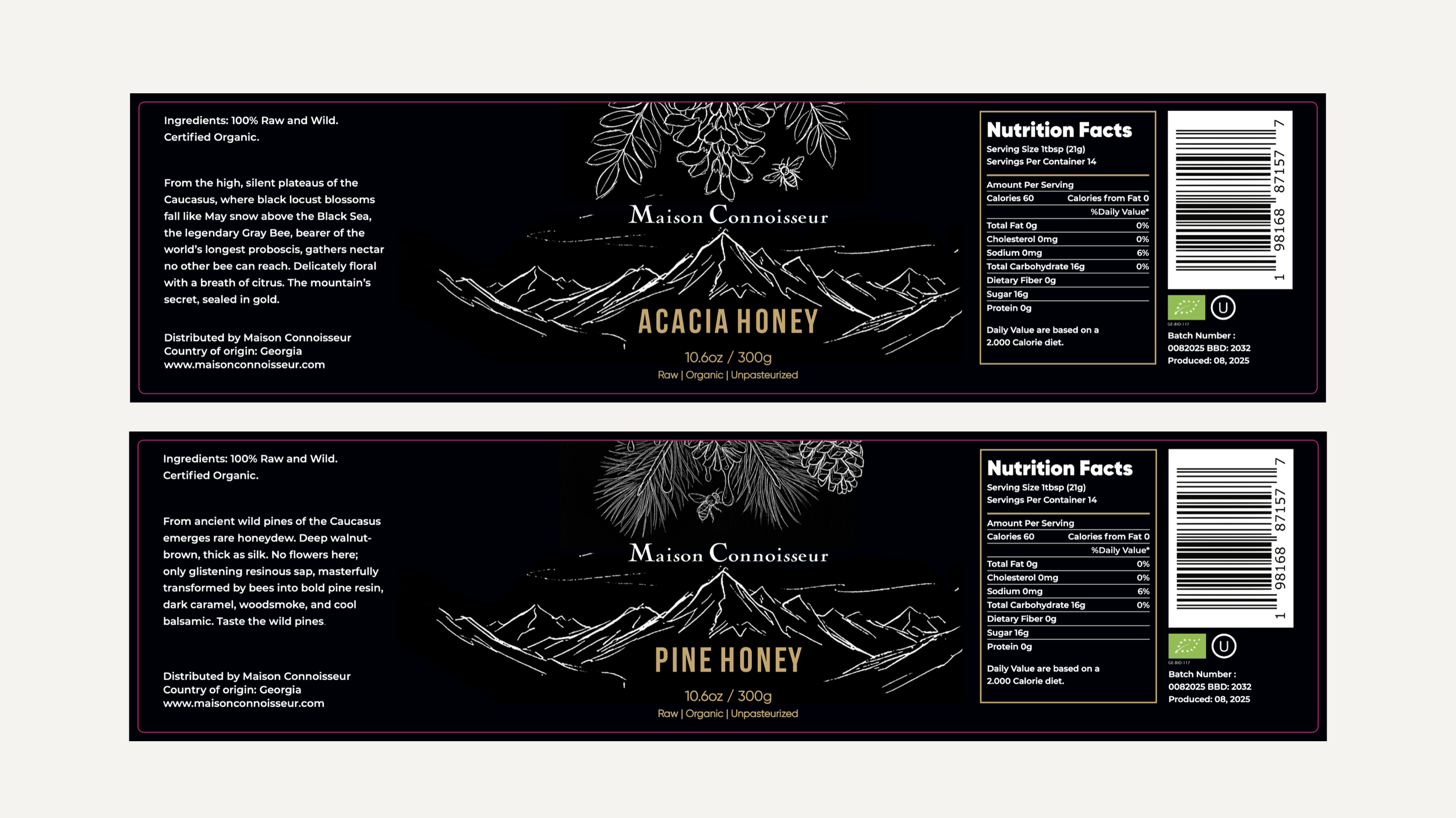 Black packaging labels for Maison Connoisseur honey varieties, including Acacia Honey and Pine Honey, featuring white mountain and plant illustrations, nutrition facts, barcode, and organic certification.. Maison Connoisseur Honey. Robert Ranfranz