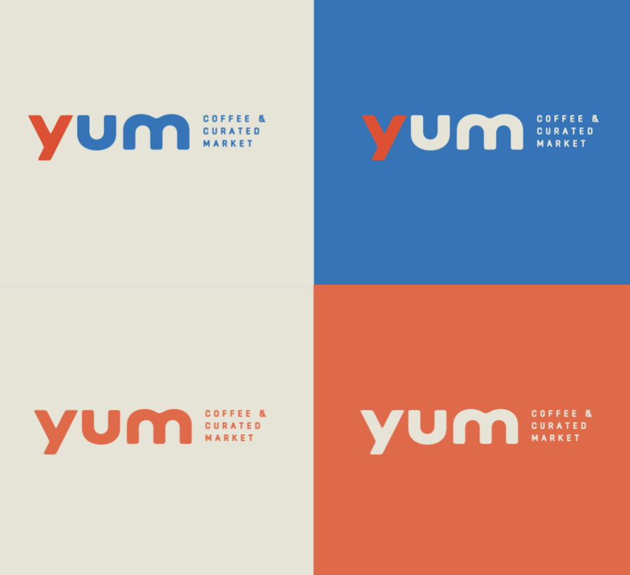 Four variations of a logo for 'Yum Coffee & Curated Market,' each with different background and text colors.