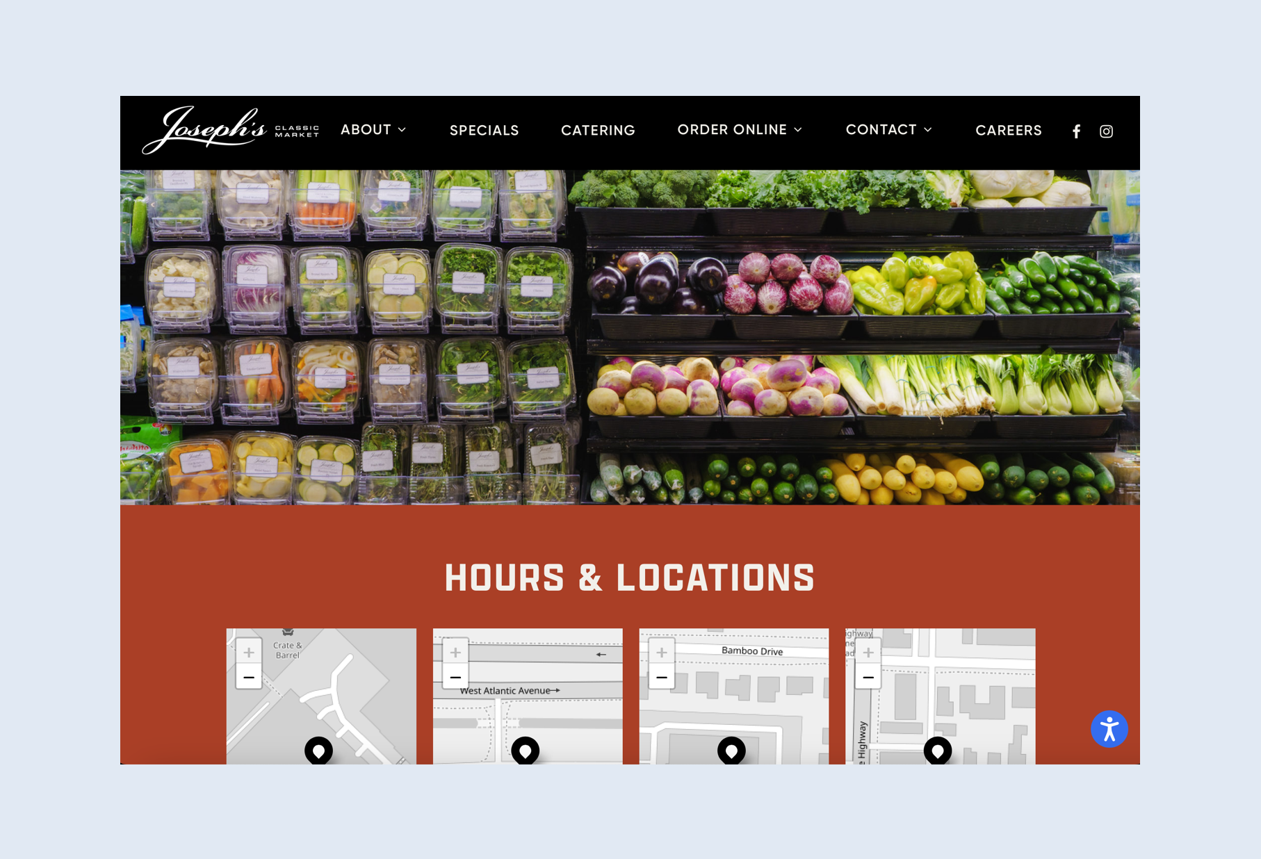 The image shows the homepage of Joseph's Classic Market website, featuring a display of fresh vegetables and pre-packaged salads on black shelves. Robert Ranfranz branding, design and ecommerce.