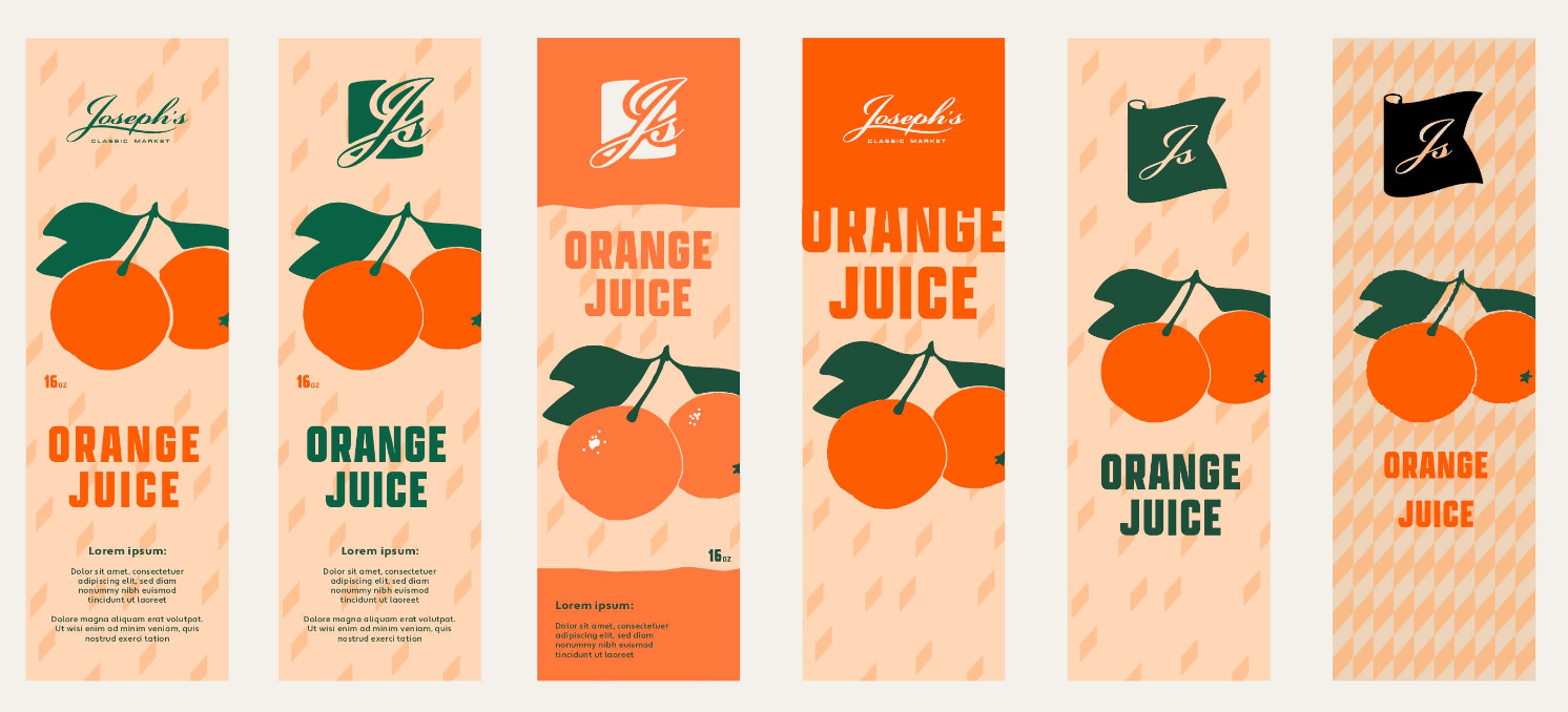 Six different orange juice product labels with variations in design. Each label features an illustration of oranges and the text 'Orange Juice' or 'Orange Juice' with different styles and backgrounds.