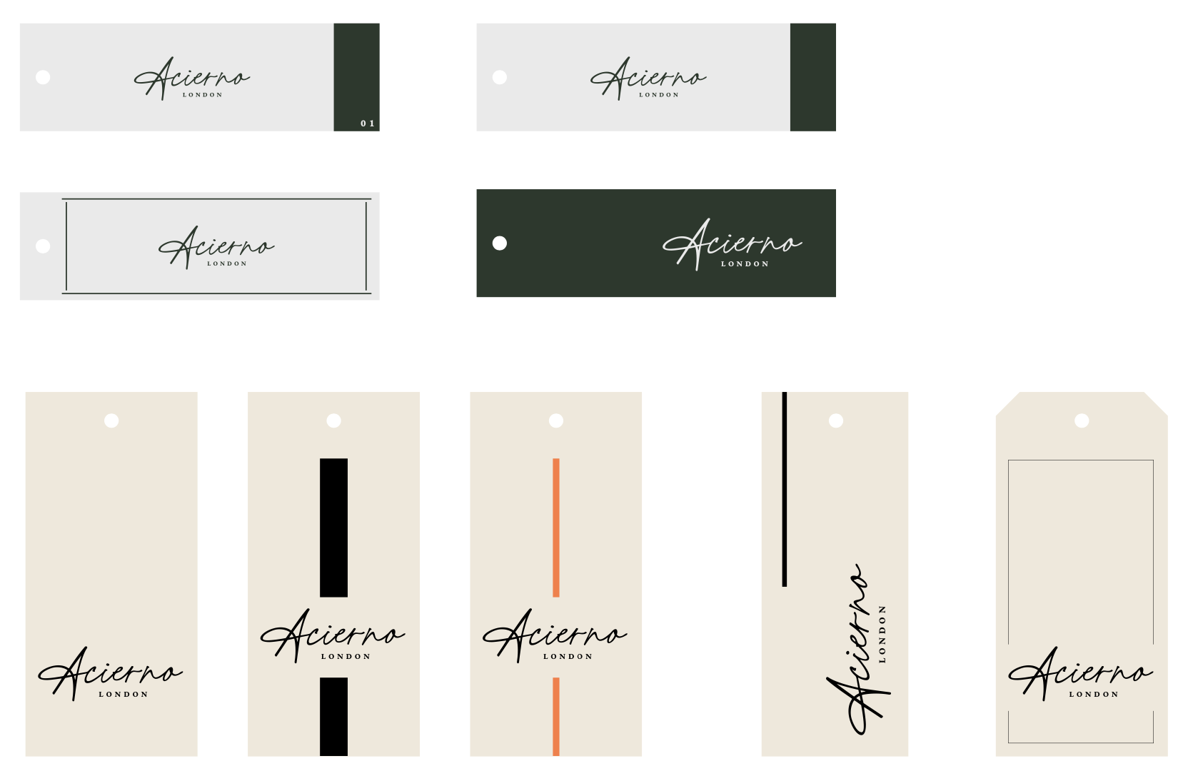Collection of clothing tags and labels with the brand name 'Acierno London' in elegant script, featuring various colors, fonts, and designs.