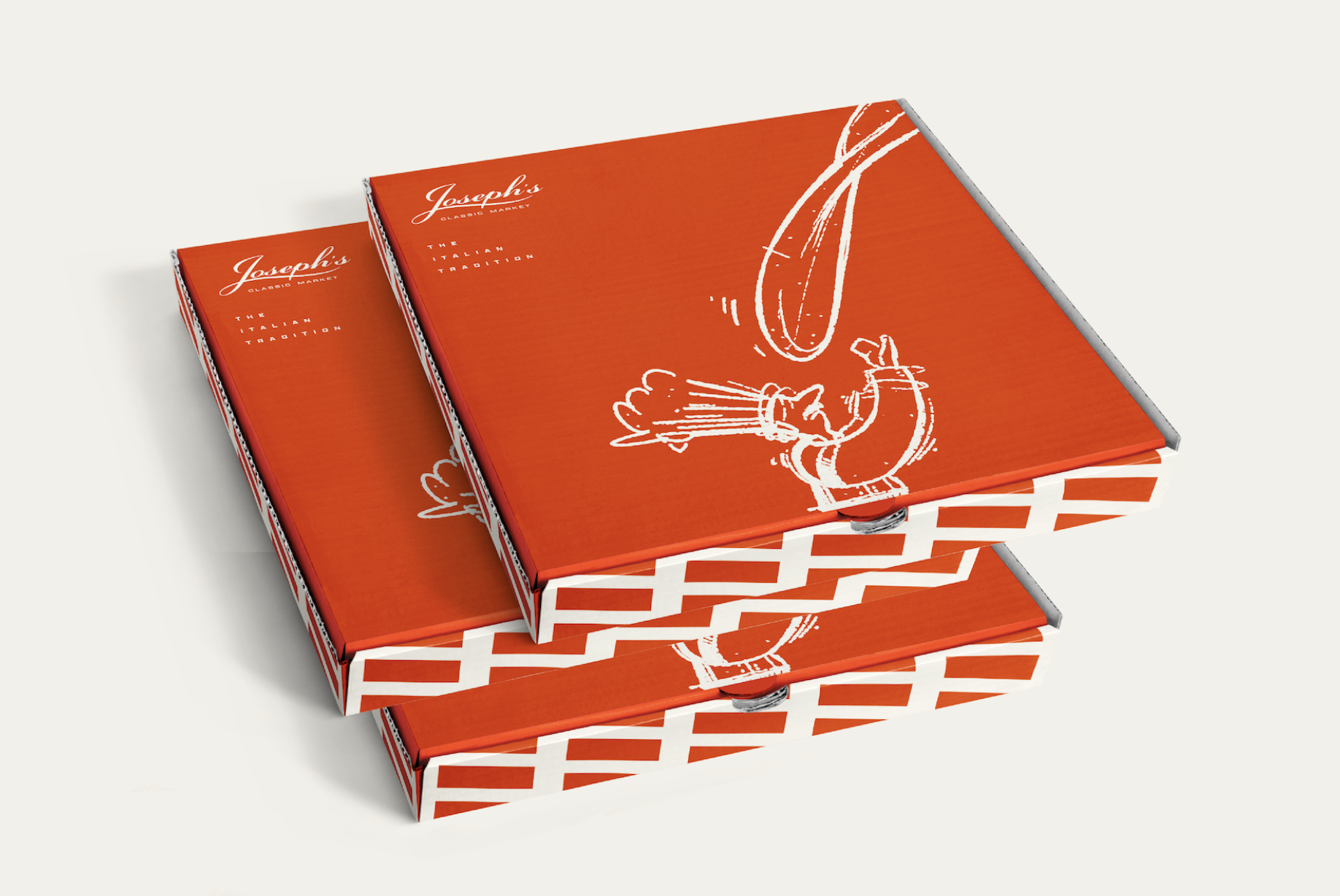 Three stacked red pizza boxes with white geometric pattern and a white illustration of a chef tossing pizza dough, with the text 'Joseph's Classic Market' and 'The Italian Tradition' on top. Robert Ranfranz branding and design.
