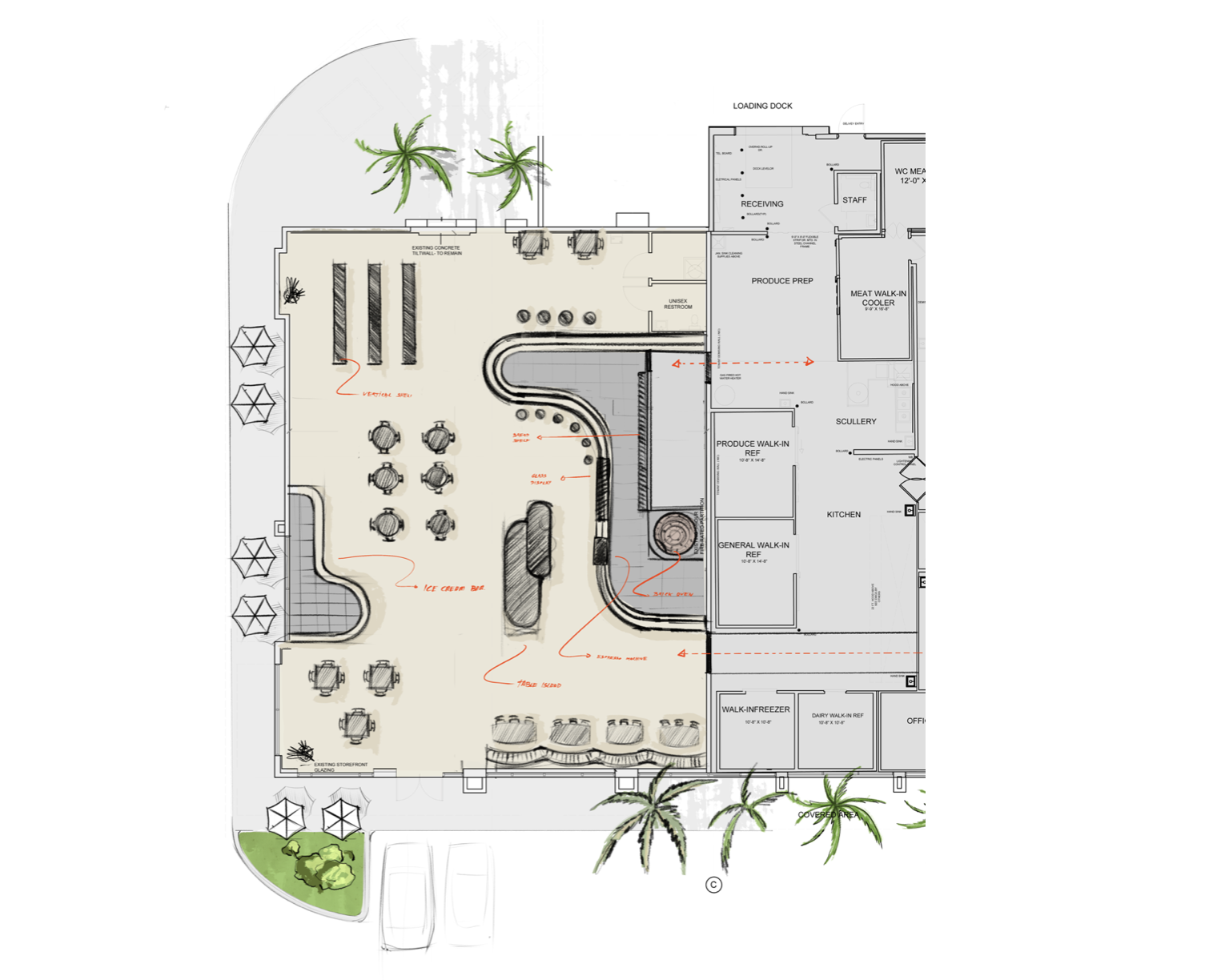 Floor plan of a restaurant with indoor and outdoor seating, kitchen, and storage areas, with labeled features such as ice cream bar, glass display, and covered outdoor area with umbrellas and palm trees. Robert Ranfranz branding, design and retail.
