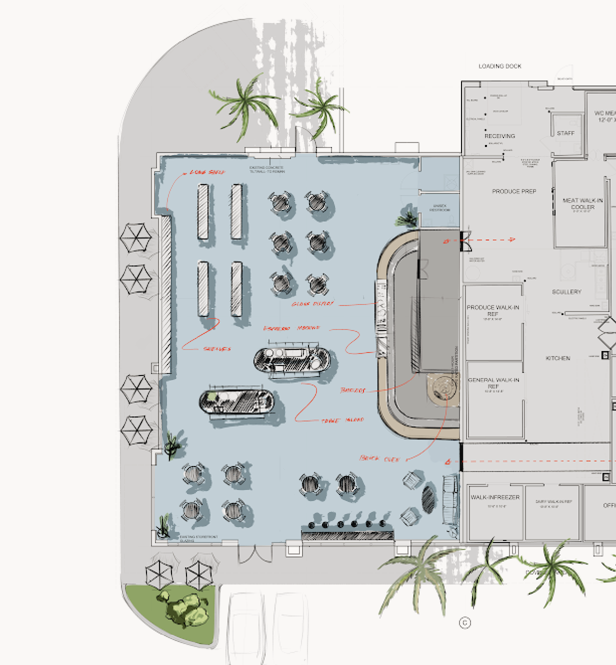 Floor plan of a commercial space with labeled areas for seating, kitchen, office, and storage, including indoor and outdoor sections with tables, chairs, counters, and decorative trees.