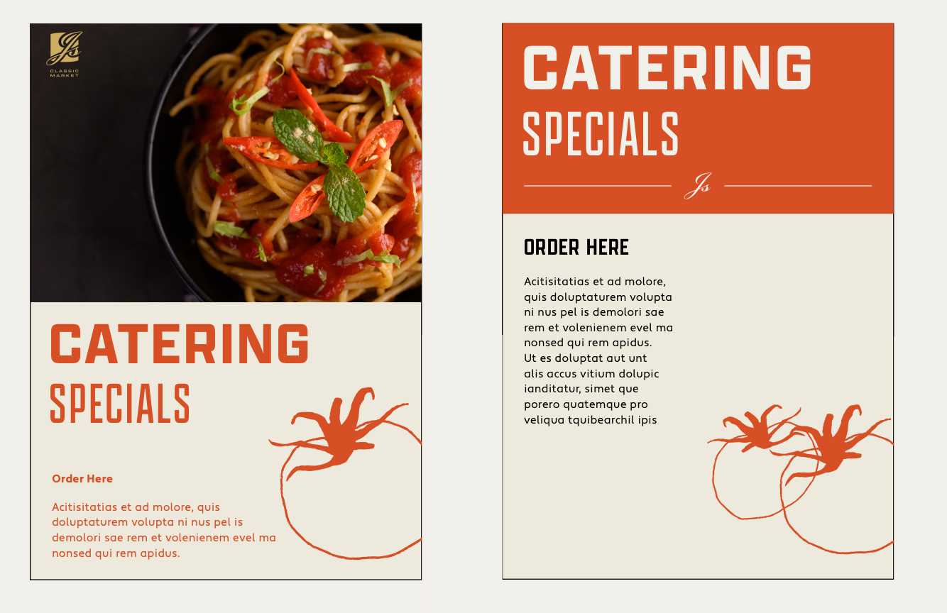 A catering menu flyer featuring an image of spaghetti topped with chopped tomatoes, herbs, and sauce, with the text 'Catering Specials' and 'Order Here' along with placeholder text, and an illustration of a crab motif in orange.