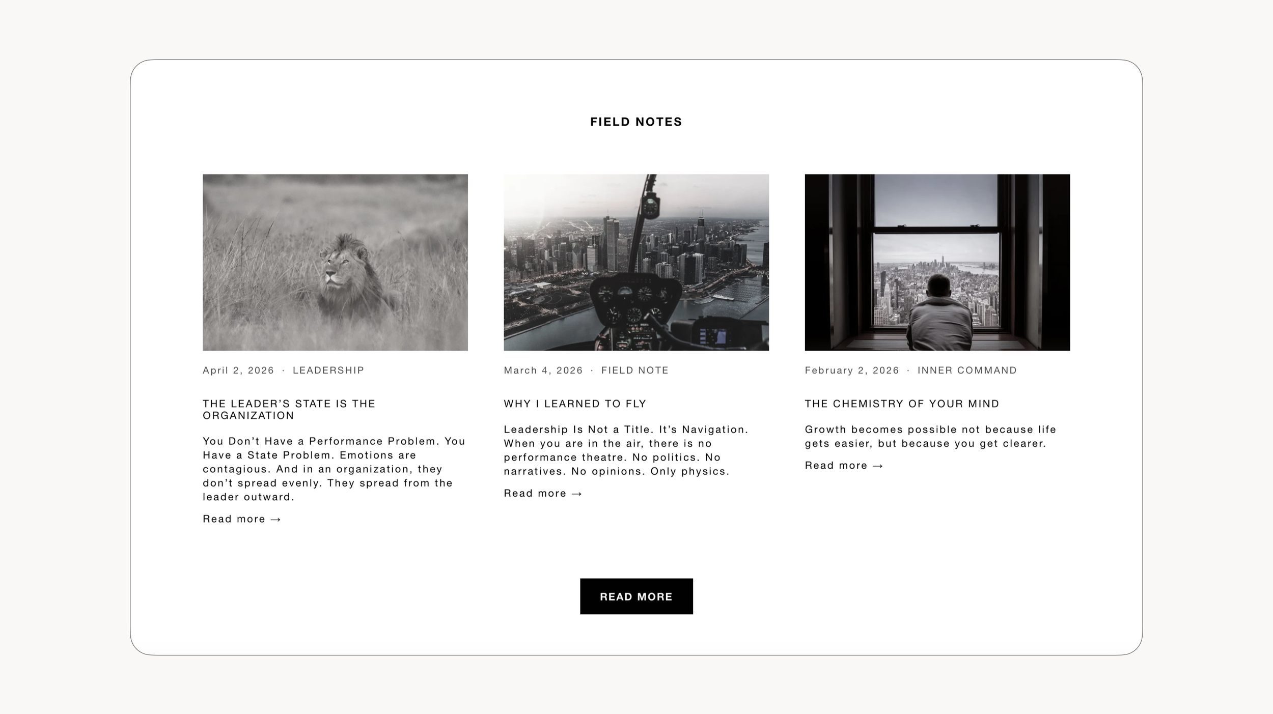 A webpage titled 'Field Notes' featuring three sections with images and text. The first shows a lion in grass with the date April 2, 2026, about leadership. Lead with Pesek website design. Robert Ranfranz.