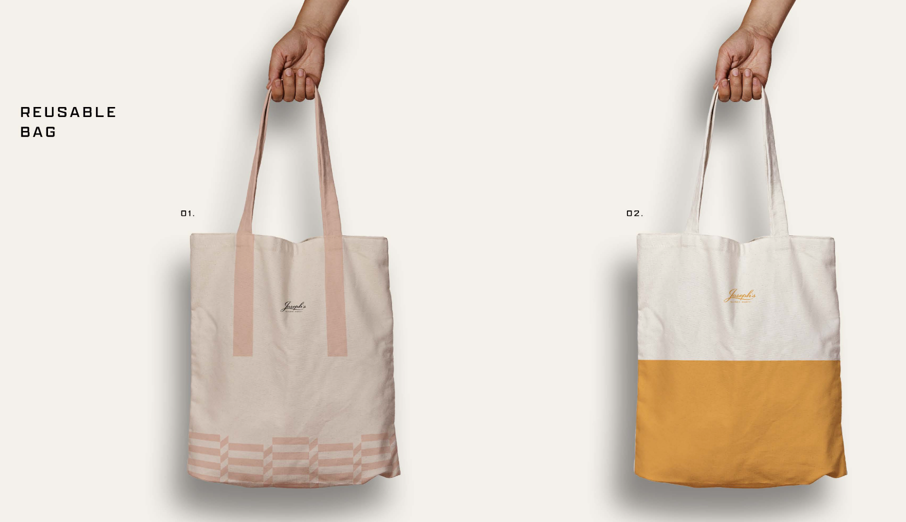 Two reusable tote bags held by hands against a plain background. The bag on the left is light beige with pink straps and a checkered pattern at the bottom. The bag on the right is two-tone, white at the top and yellow at the bottom, with white straps. Both bags have a logo that appears to say 'Joseph's'.