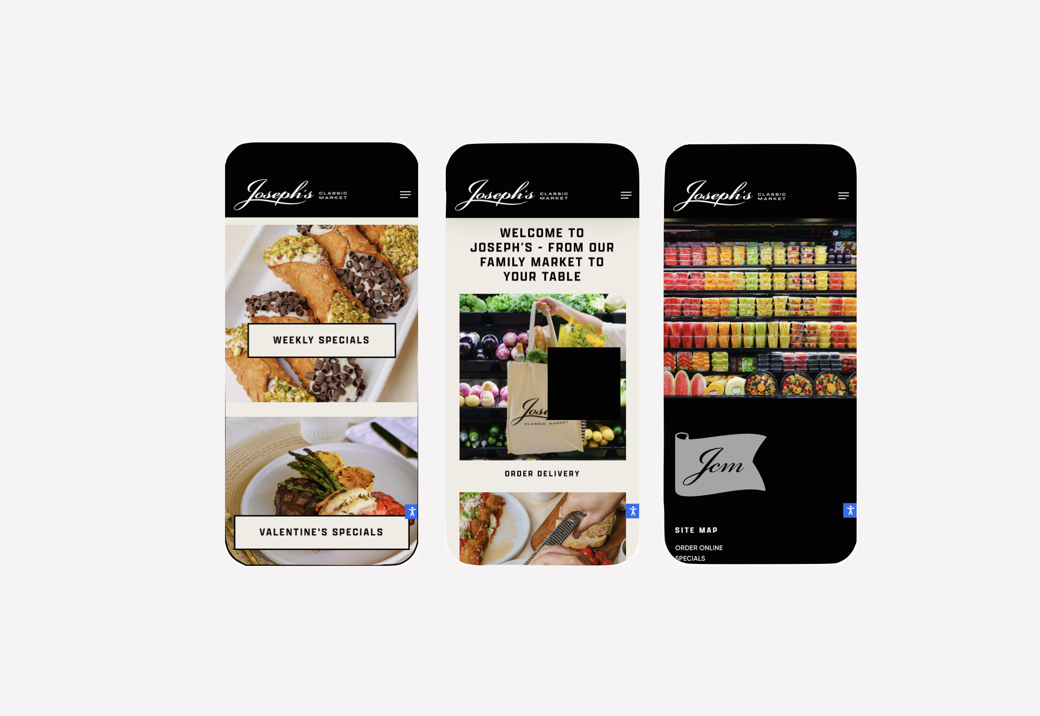 Three smartphone screens showing the website of Joseph's Classic Market. The first screen displays images of desserts and a message for weekly specials and Valentine's Day specials. The second screen welcomes visitors, shows a grocery bag, and promotes order delivery. The third screen features a colorful display of packaged fruits and desserts, with site navigation options.