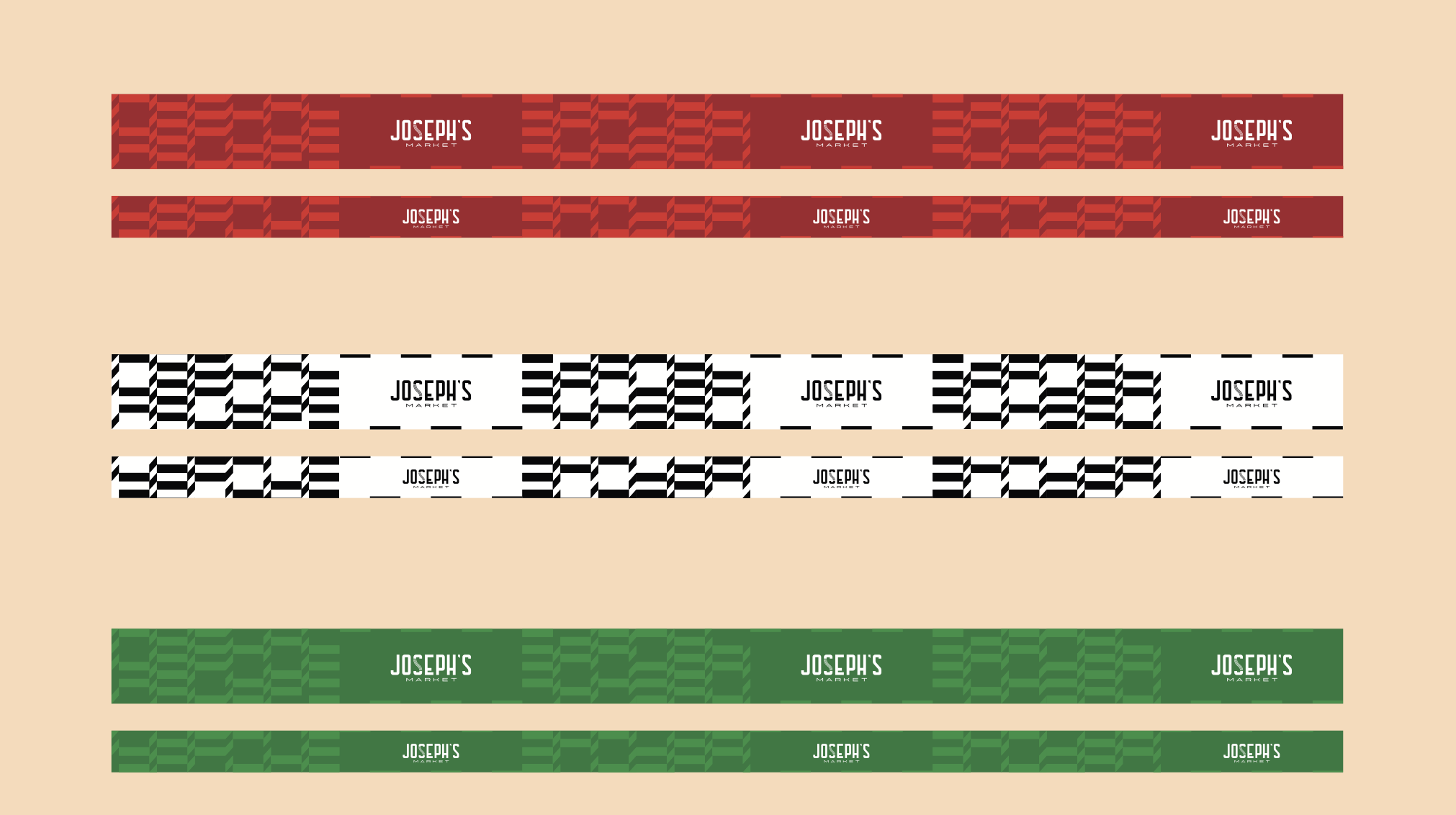 Three sets of adhesive labels in red, black and white, and green colors, each with the text "Joseph's Market".