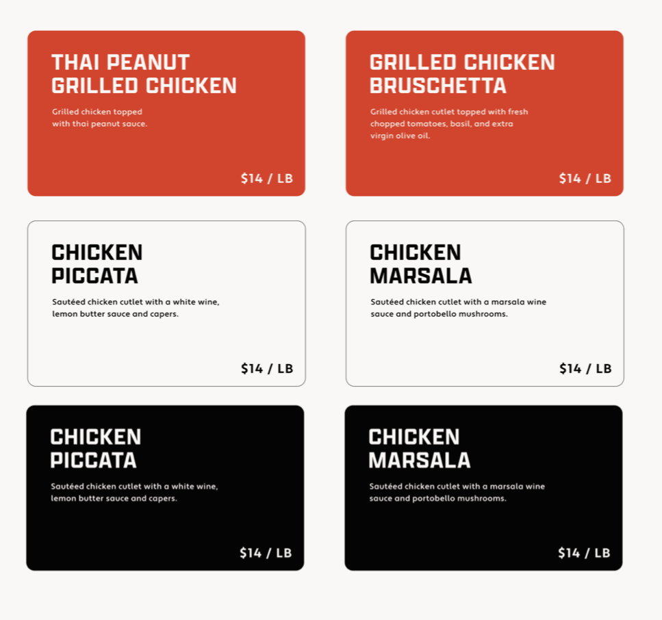 Menu with six options for grilled chicken dishes, including Thai peanut grilled chicken, grilled chicken bruschetta, chicken piccata, and chicken marsala, each priced at $14 per pound, with two options in white and black backgrounds.