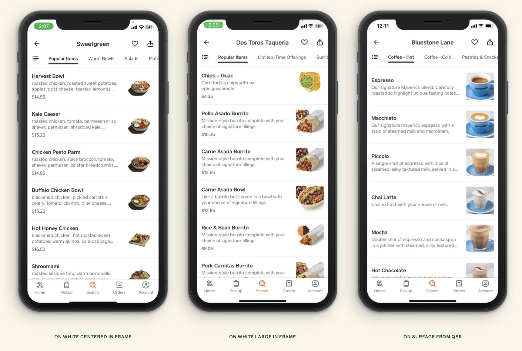Three smartphone screens displaying food delivery app menus with various items including bowls, burritos, and drinks, each screen showing different restaurant categories.