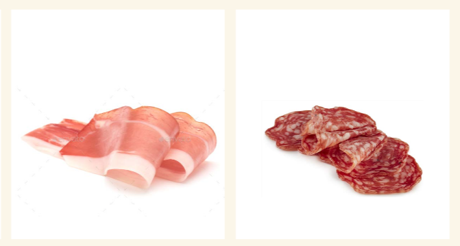 Slices of prosciutto ham on the left and slices of salami on the right.