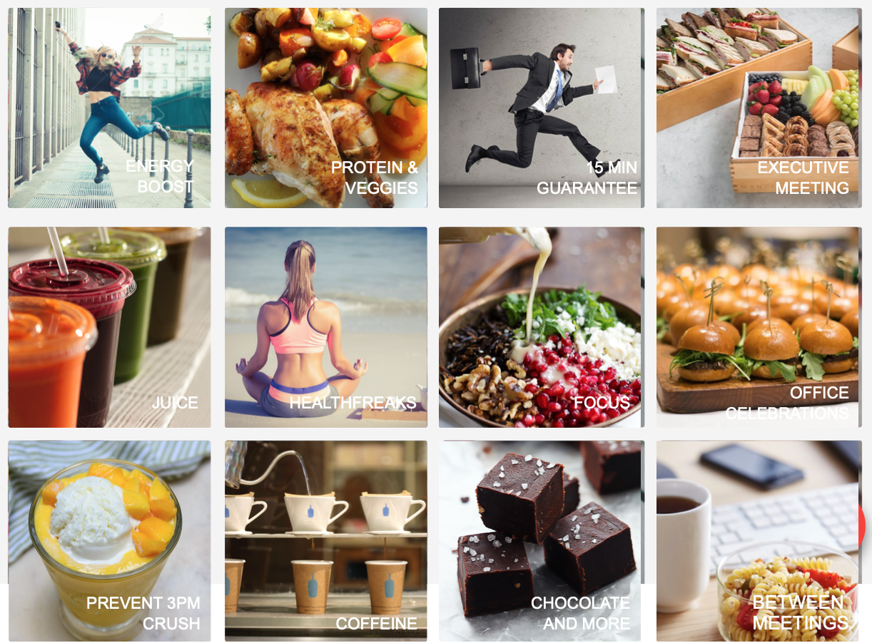 A collage of images showing various activities and food items. Top row: a woman jumping outdoors, a plate of chicken with vegetables, a man running with a briefcase, a box of sandwiches and fruit. Middle row: smoothies, a woman meditating on the beach, a bowl of salad with dressing, mini burgers on a tray. Bottom row: a bowl of dessert with fruit, coffee cups, chocolate squares, a bowl of pasta with a cup of coffee.