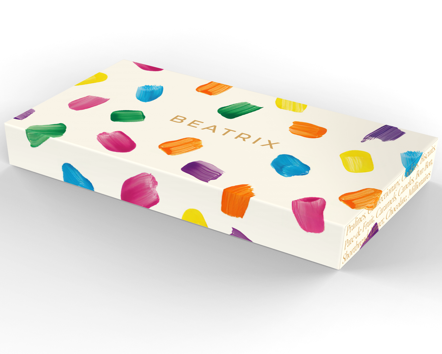 A colorful Beatrix Chocolates box with paint stroke designs in pink, blue, green, purple, yellow, and orange.