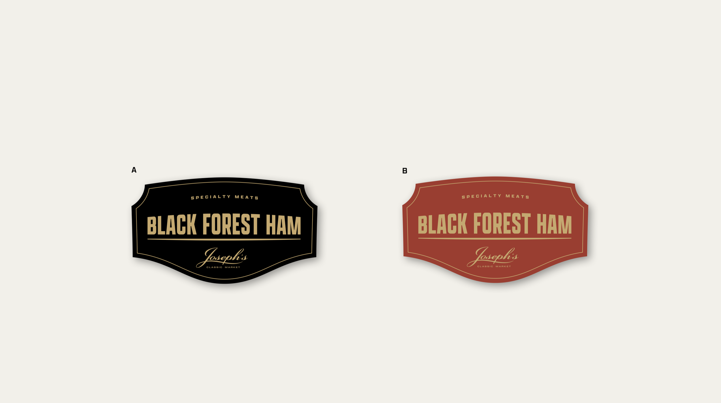 Two labels for Black Forest ham, one black with gold text and the other red with gold text, both reading "Black Forest Ham" and "Joseph's Classic Market." Robert Ranfranz creative studio.