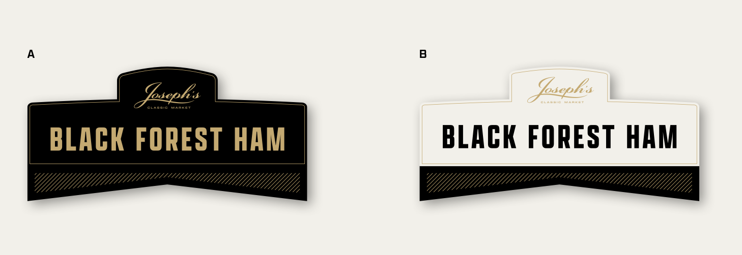 Comparison of two ham product labels titled 'Black Forest Ham' from Joseph's Classic Market. The left label features a black background with gold and white text, while the right label has a white background with black and gold text.