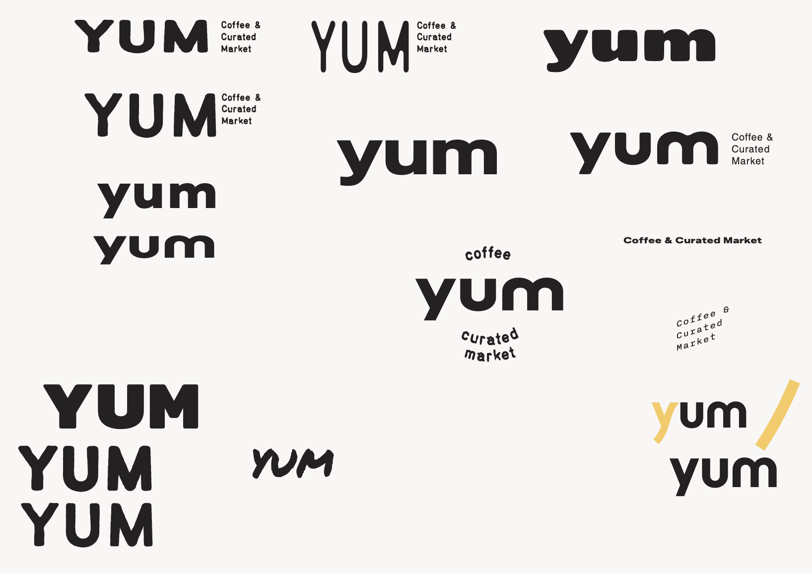 Collage of various black and yellow different-sized text representations of the words "YUM," "yum," "YUM," "YUM," "YUM," "YUM," "YUM" and "yum" with smaller texts "Coffee & Curated Market" and "coffee" scattered throughout on a white background.