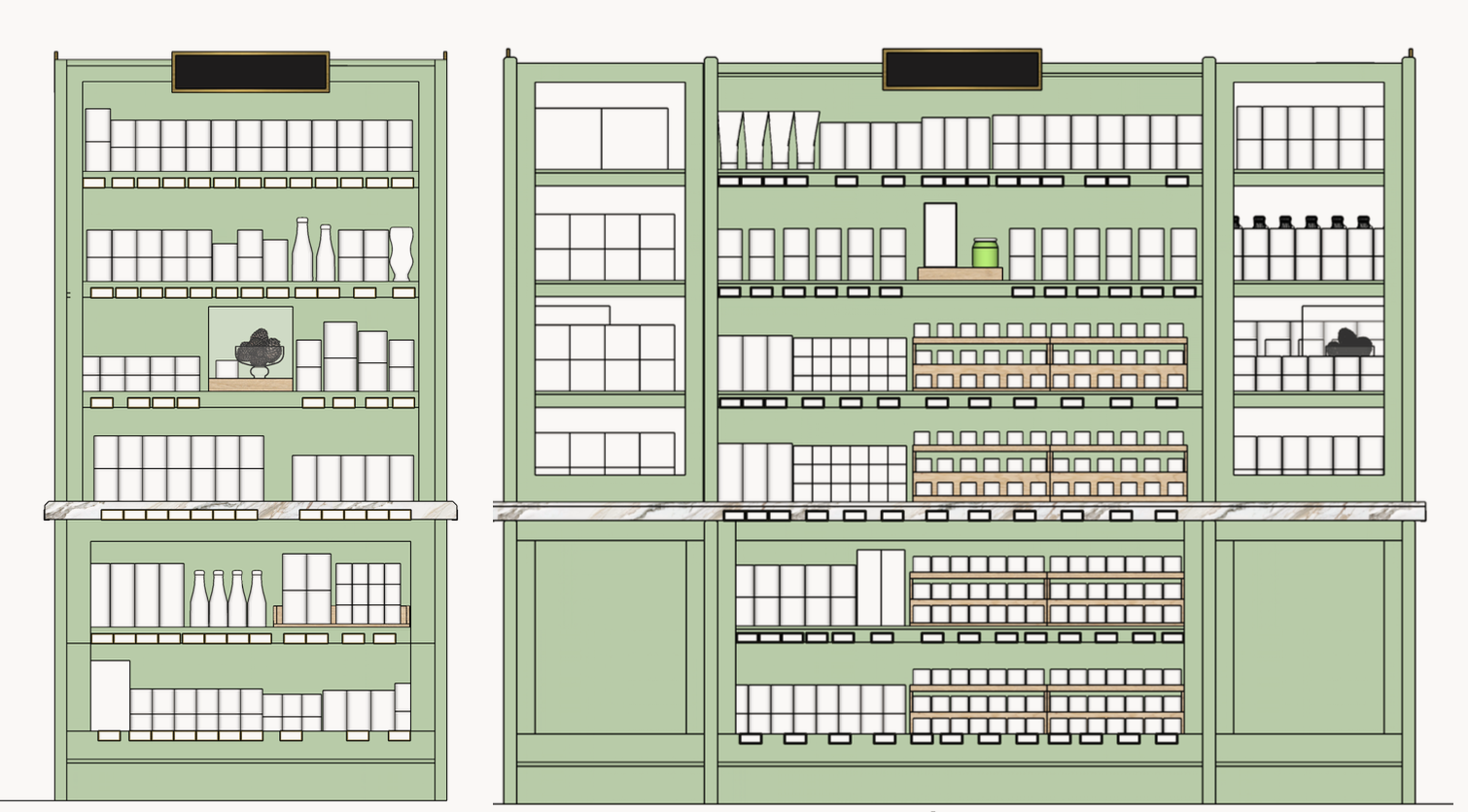 Line of green shelves filled with white jars, bottles, and boxes, with some black and green accents, set against a light background.