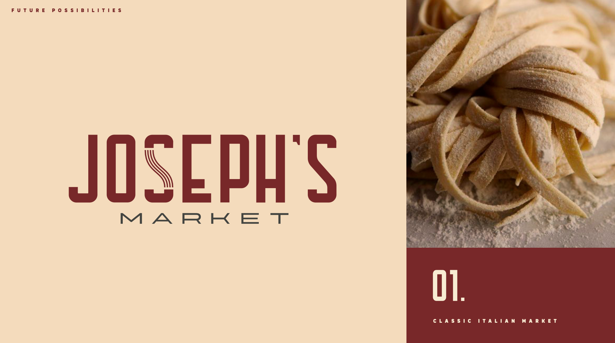 Logo for Joseph's Market with pasta and flour background.
