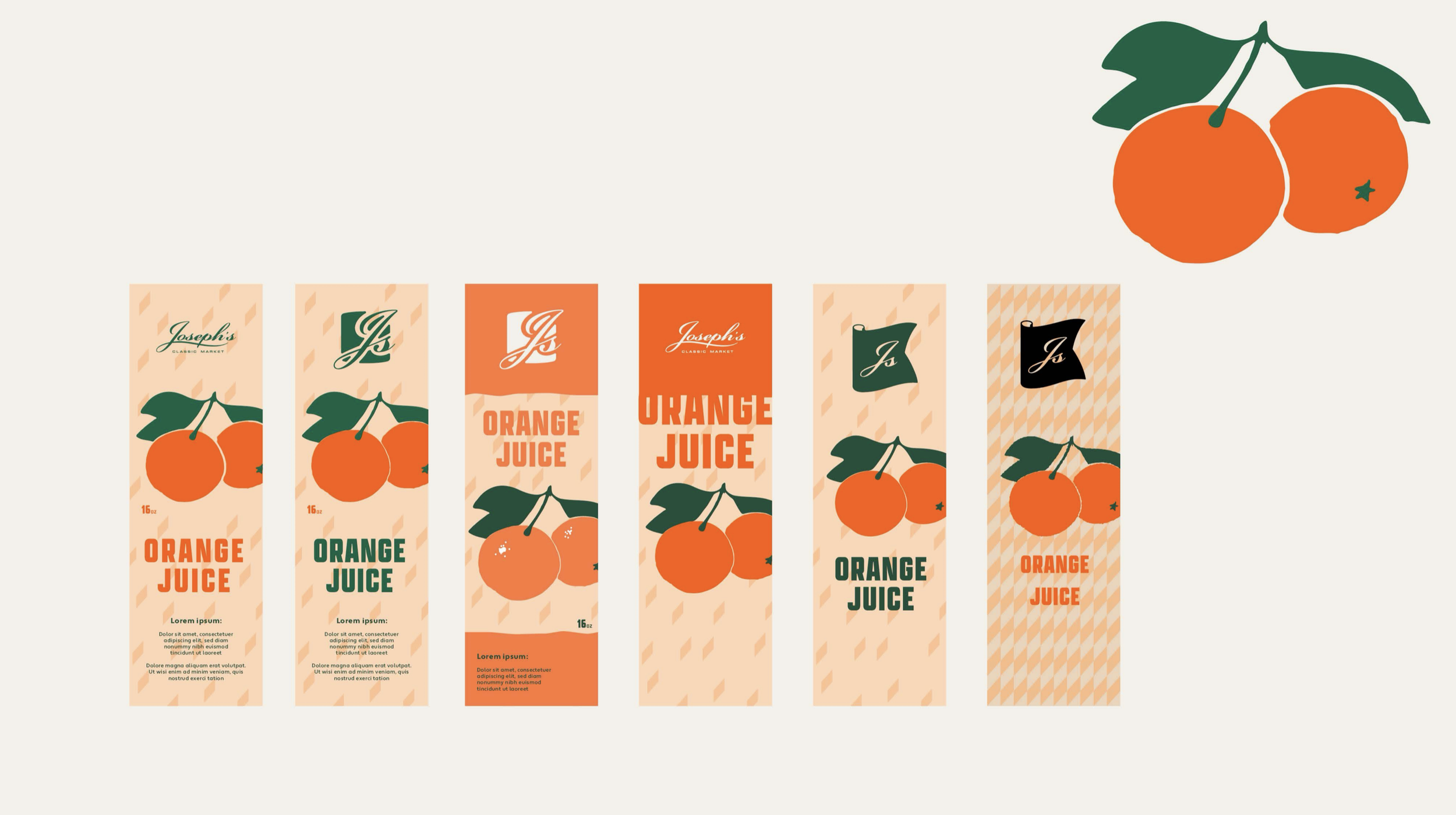 Six orange juice cartons with orange and green graphics, featuring oranges and leaves, labeled '16e; Orange Juice' in orange and green text, arranged in a row.  Robert Ranfranz creative studio.