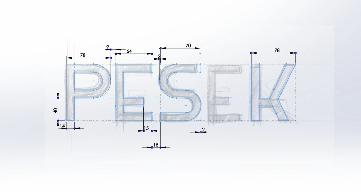 Digital blueprint of the word 'PESKI' in technical drawing style with measurements and construction details. Robert Ranfranz branding, design and packaging.