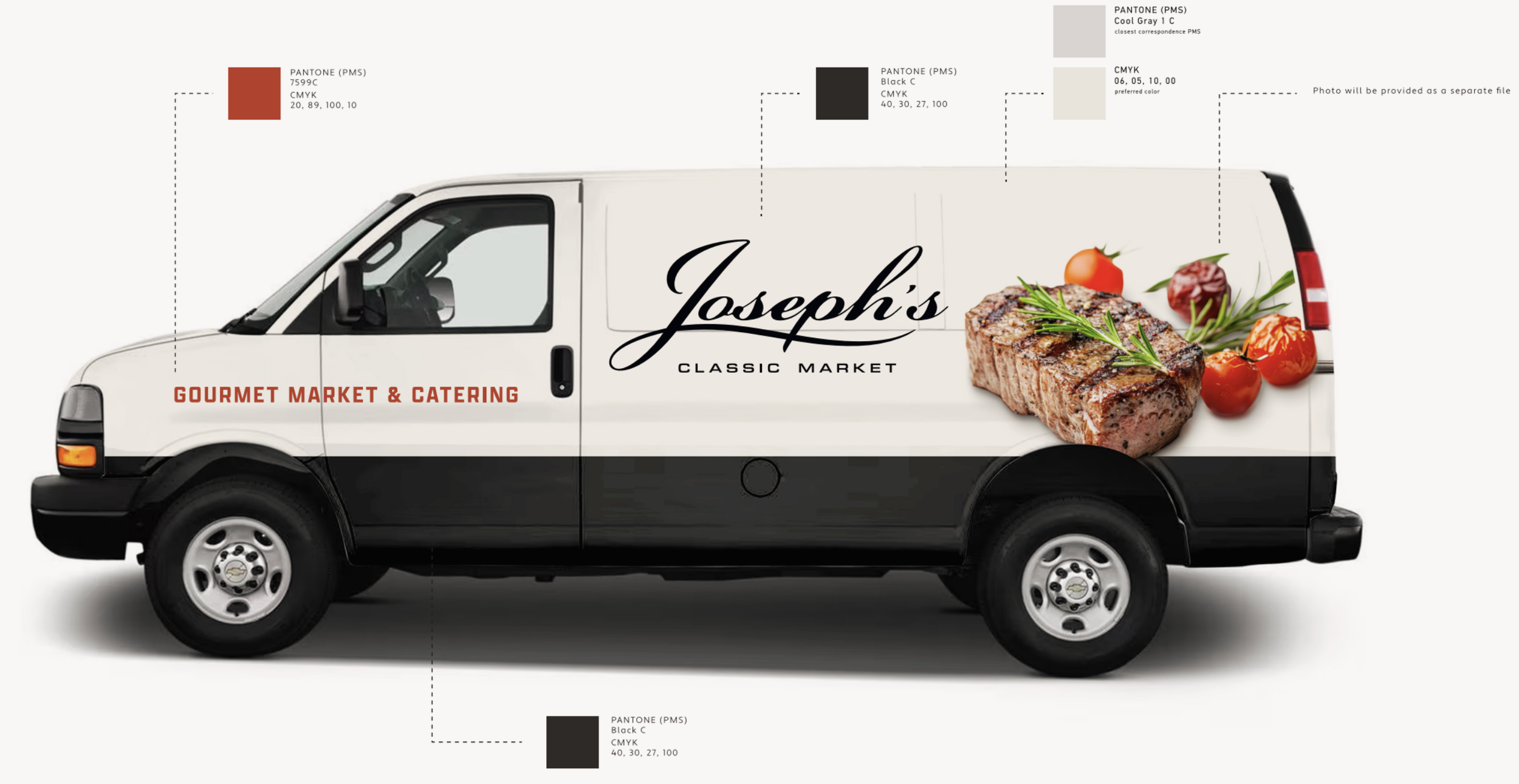 A white delivery van with branding for Joseph's Classic Market. The van features a steak with herbs and cherry tomatoes on its side as a graphic. Text includes 'Gourmet Market & Catering' in red and 'Joseph's Classic Market' in black script.