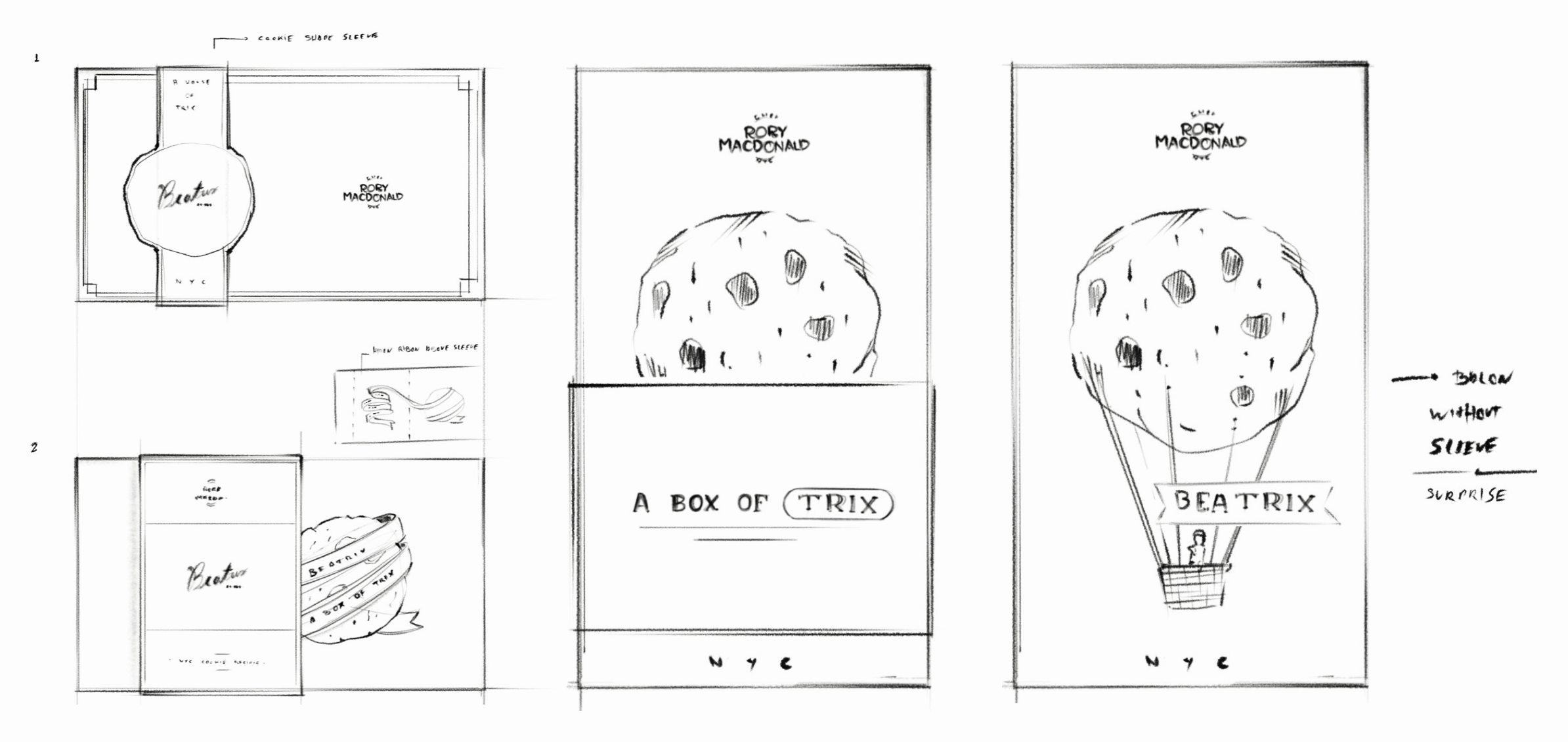 Sketches of branding designs and packaging concepts for a product called "A Box of Trix" by Rory Macdonald, featuring illustrations of a cookie, a cookie with a sleeve, and a hot air balloon with a Trix cereal design.