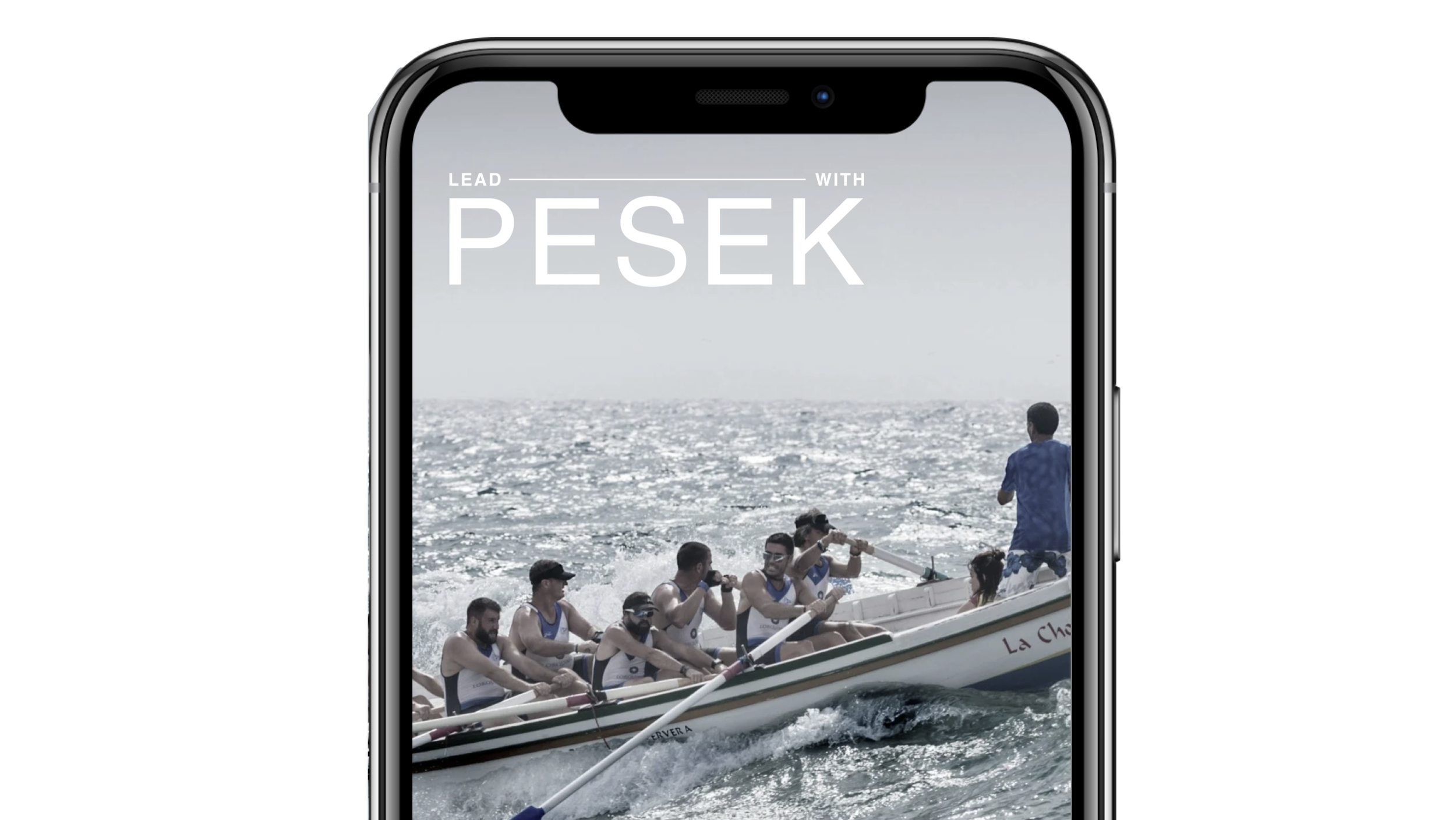Smartphone screen displaying a photo of people rowing a boat on the water. Lead with Pesek website design. Robert Ranfranz.