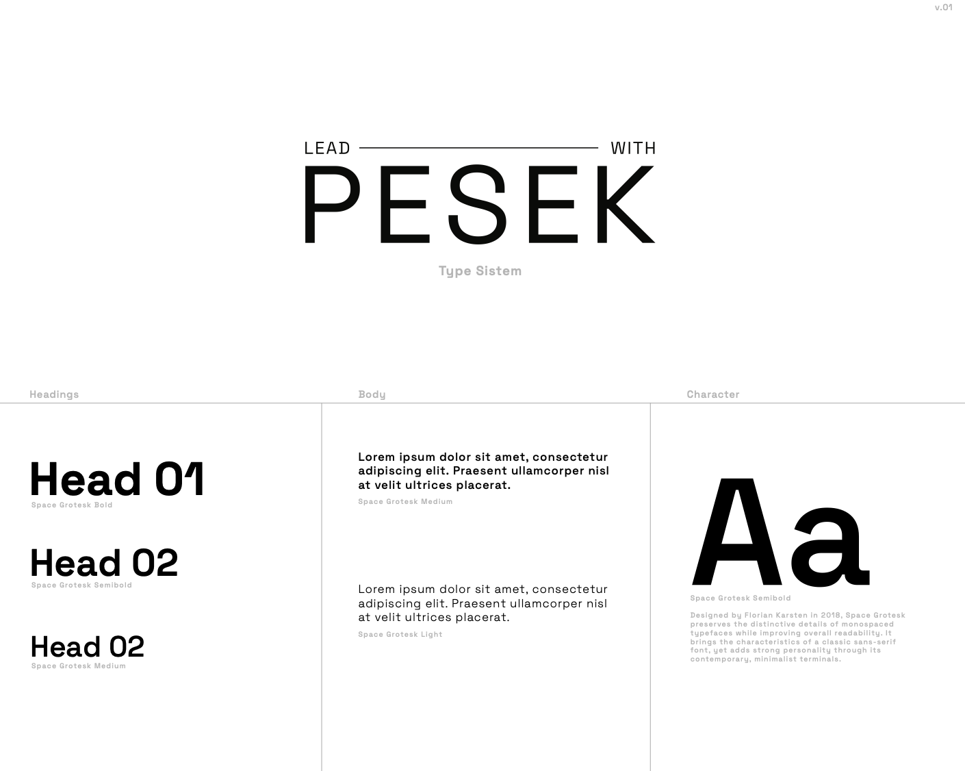 A design template for a typographic style guide, featuring headings, body text, and character styles in a minimalist layout with black and gray text on a white background.