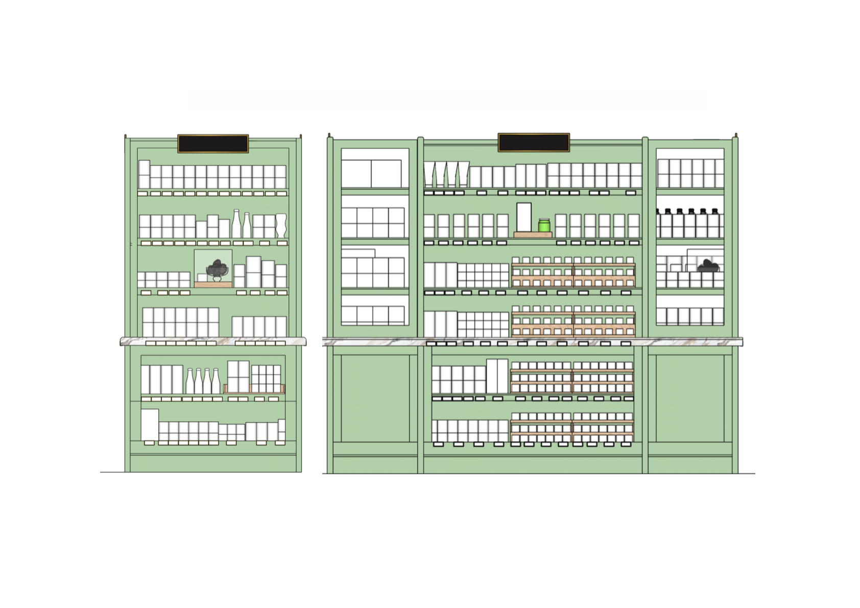 Illustration of a green grocery store shelf filled with white and patterned packaged products, bottles, and containers, with a marble countertop.