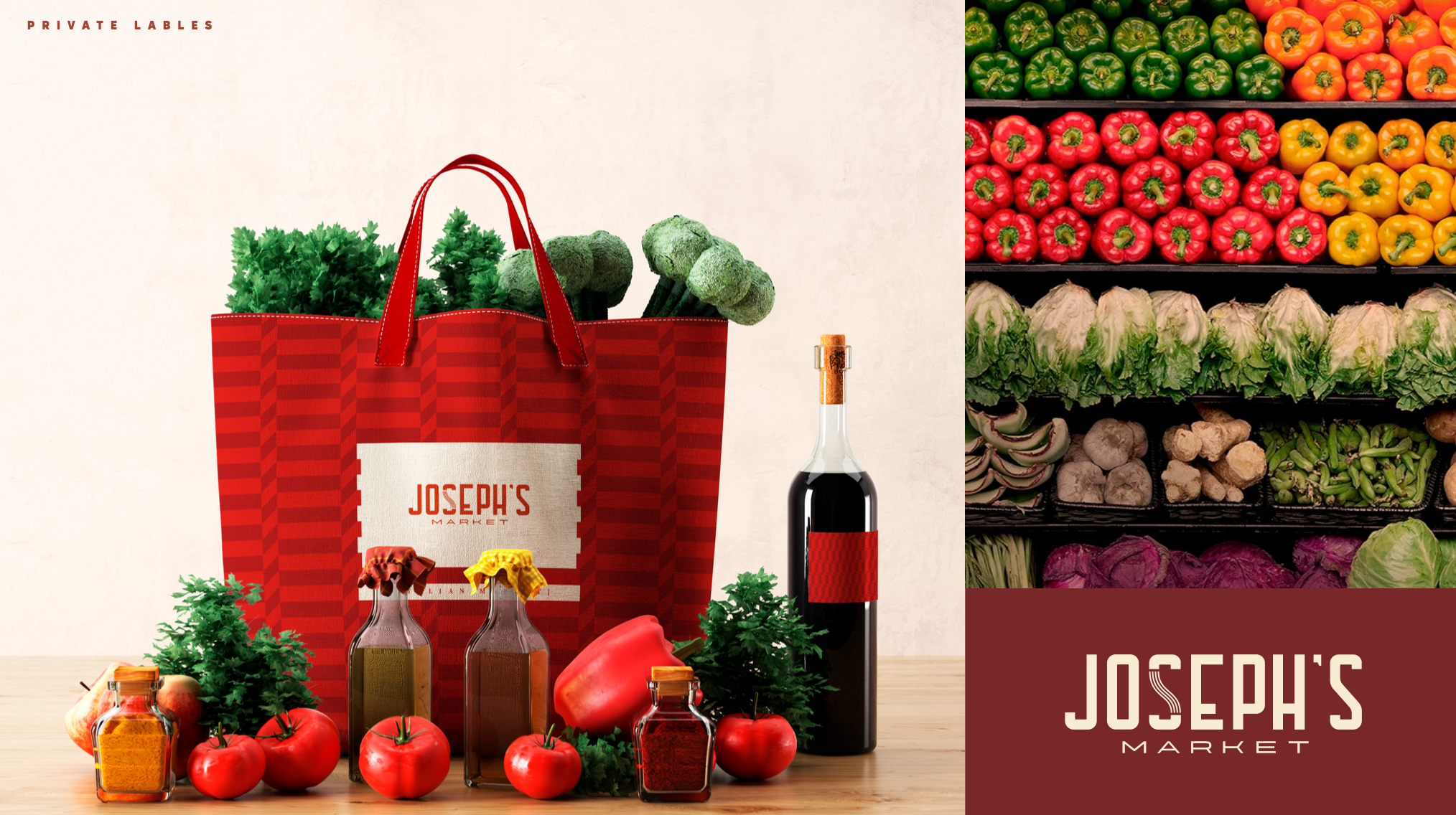 Shopping bag from Joseph's Market containing broccoli, and other vegetables, with bottles of oil and a bottle of wine in front, surrounded by tomatoes, a red bell pepper, and herbs on a wooden surface against a plain background; right section of the image shows colorful peppers, lettuce, mushrooms, and other vegetables, with Joseph's Market logo.