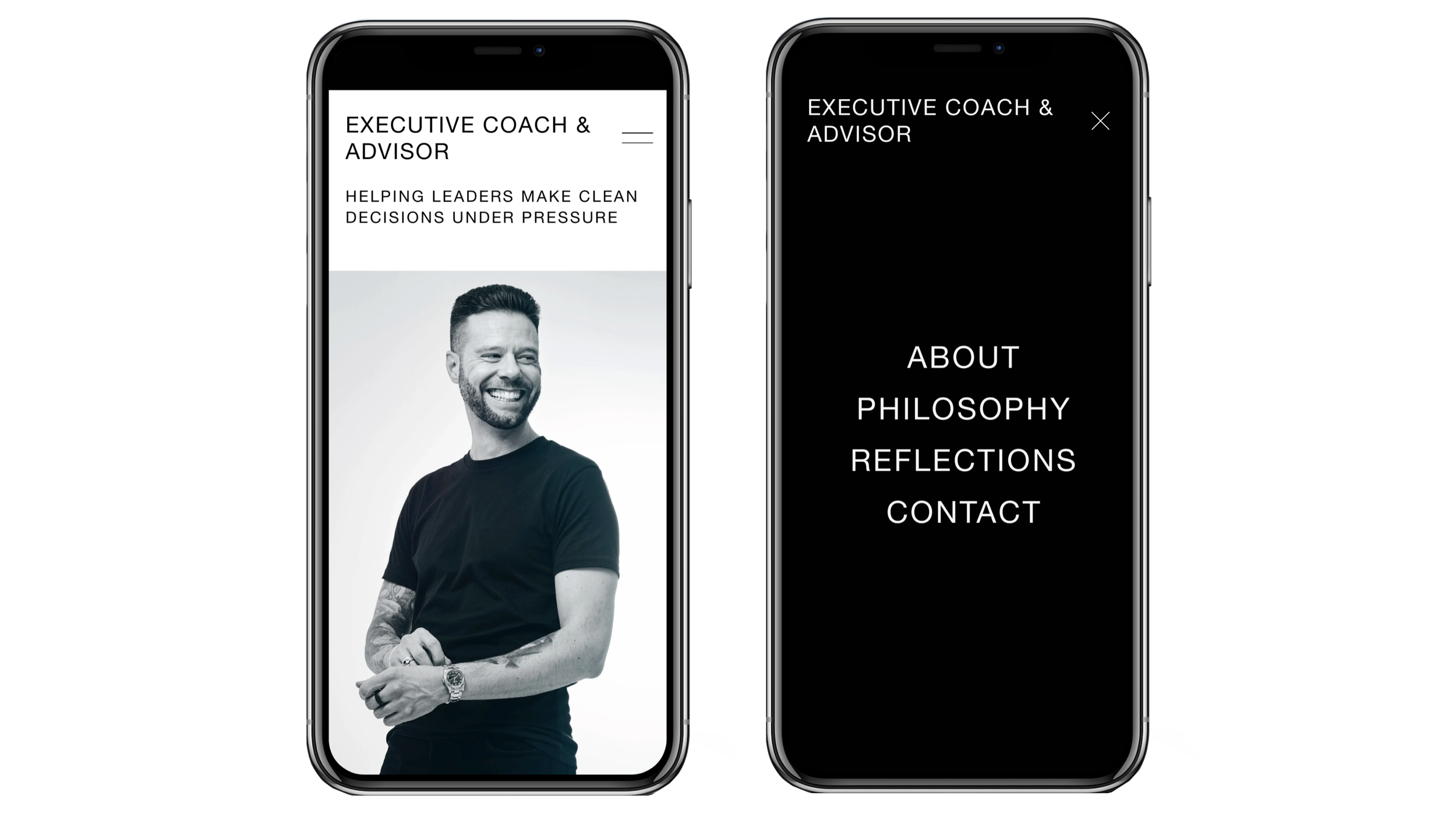 Two smartphones displaying a coaching or advisory app. The left phone shows a smiling man with a beard, wearing a black t-shirt, with the header 'Executive Coach & Advisor' and a subheader about helping leaders make decisions. The right phone shows a menu with options: About, Philosophy, Reflections, Contact, and a close button.