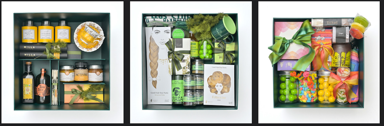 Three gift boxes filled with wellness, skincare, and beauty products, including soaps, oils, bath bombs, and decorative items.