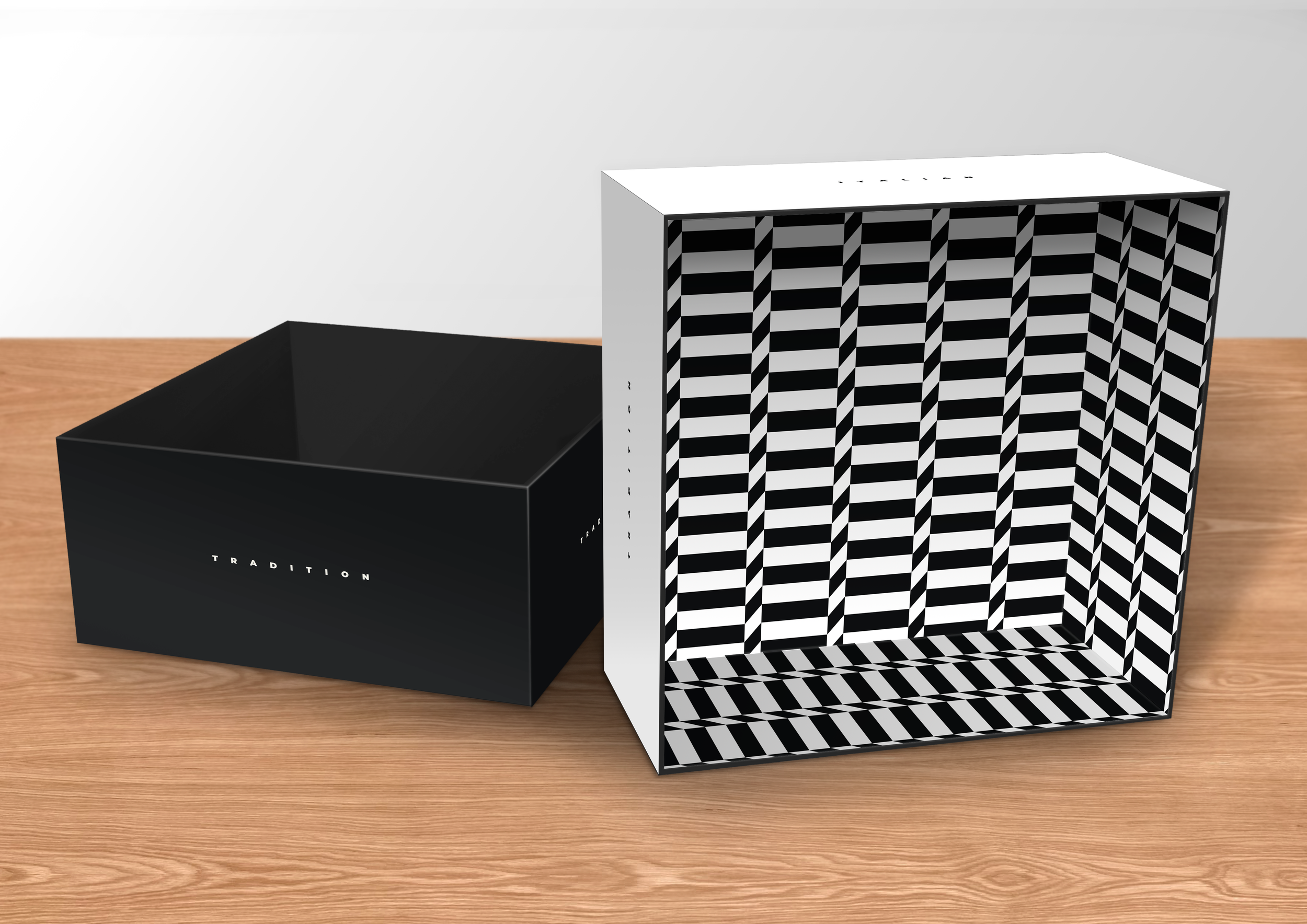 Open black and white striped box with a white lid, placed on a wooden surface.