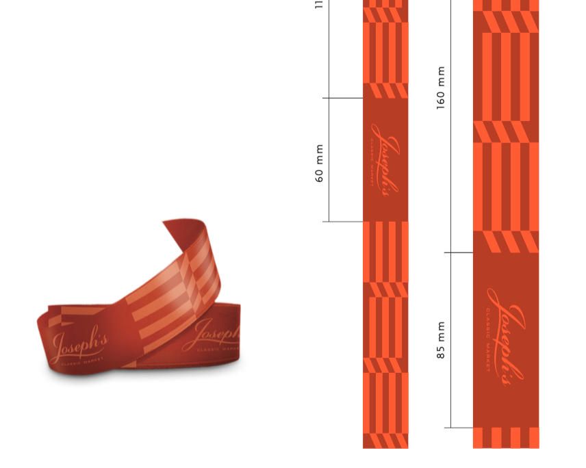 A red ribbon with a checkered pattern and the Joseph's logo, showing measurements of 60mm, 85mm, and 160mm in length.
