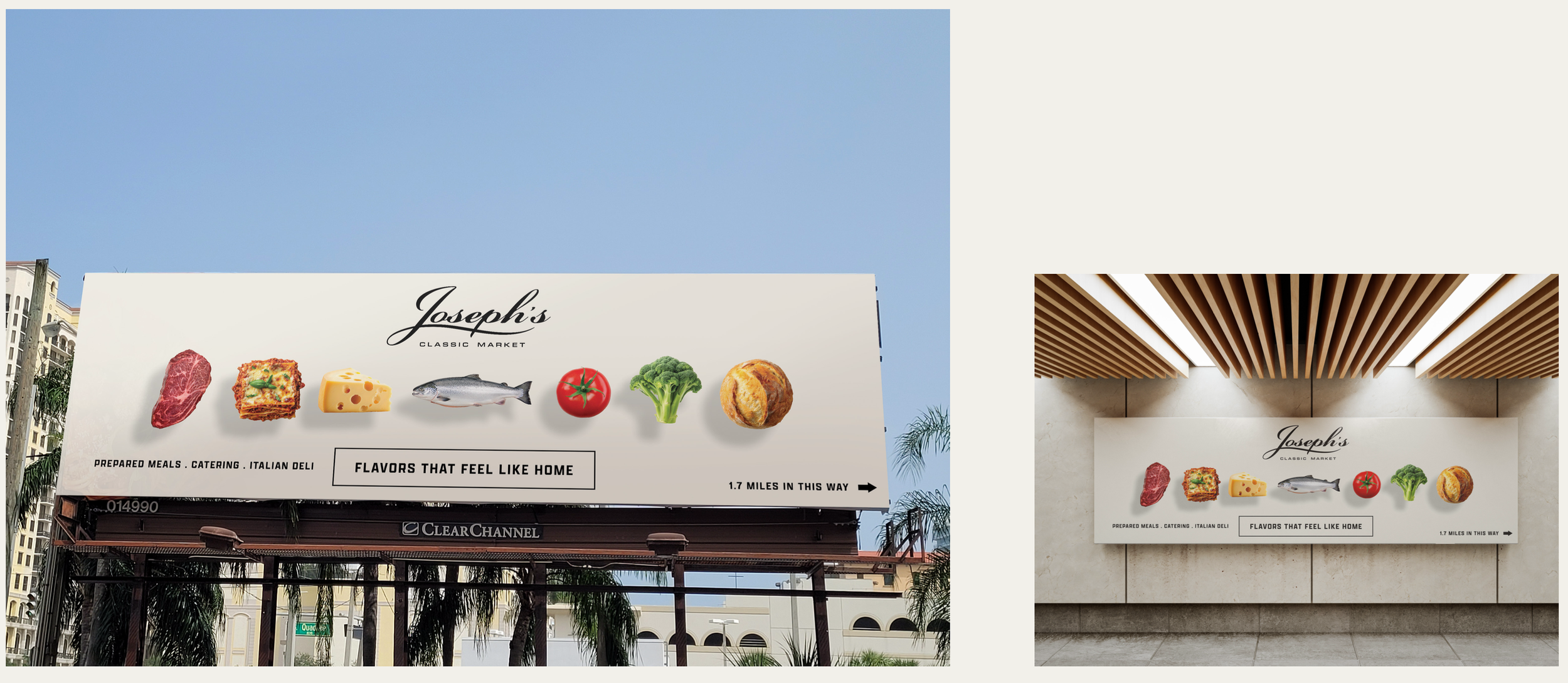 Billboard advertisement for Joseph's Classic Market featuring images of various food items including beef, lasagna, cheese, fish, tomato, broccoli, and a pastry, with text indicating that the market offers prepared meals, catering, and Italian deli, and directions noting 1.7 miles to the location.