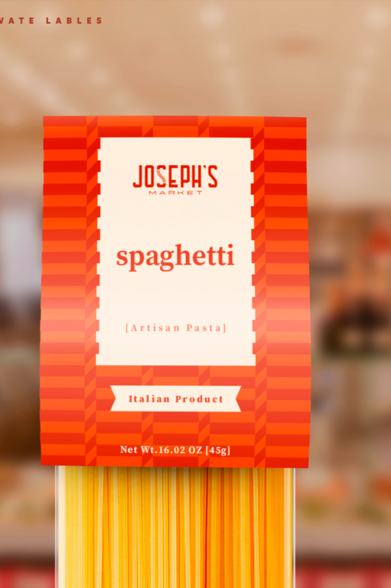 Package of Joseph's Market spaghetti, an artisan pasta product from Italy, weighing 16.02 ounces (45 grams), with red and orange striped design.
